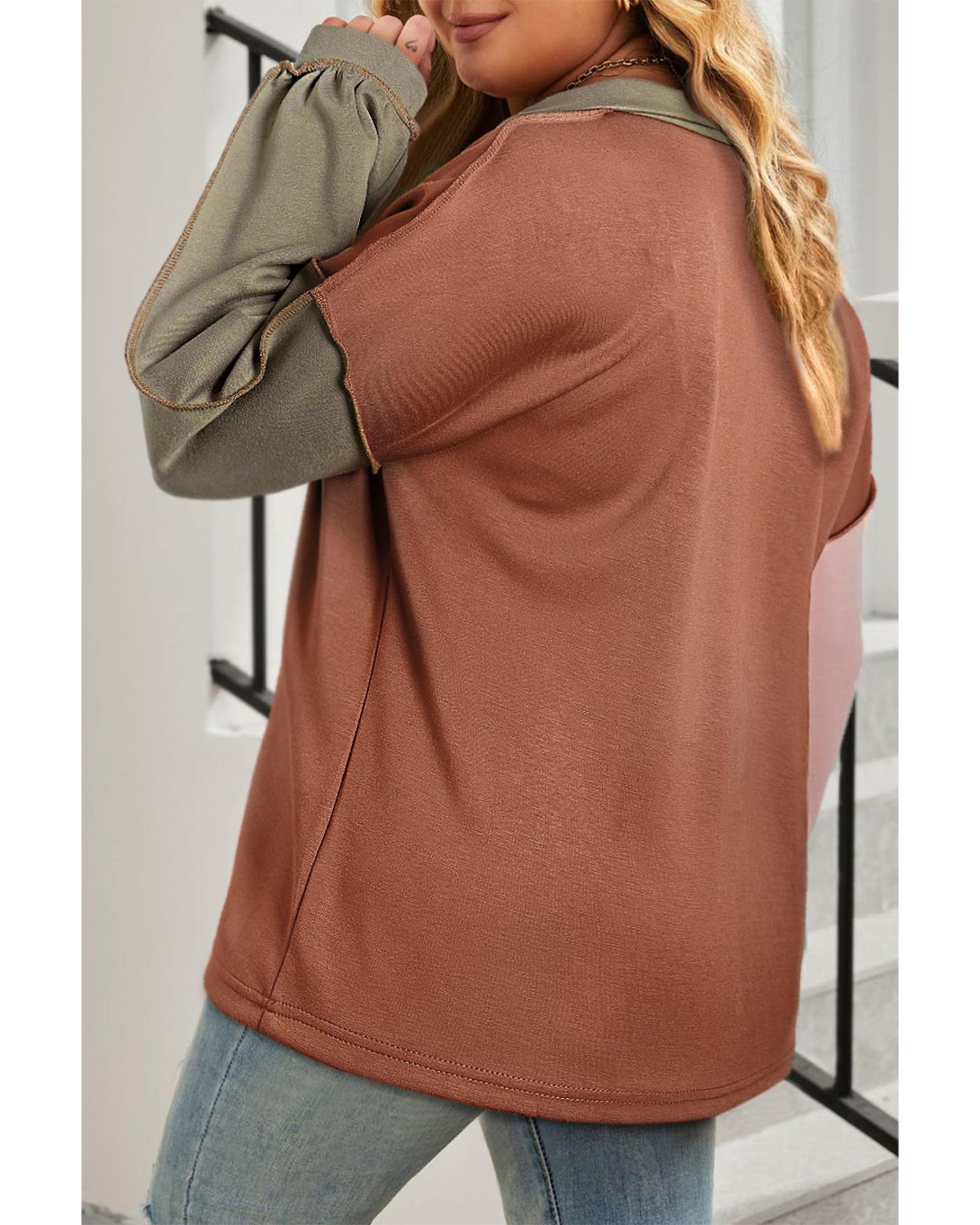V539-AZEXPL25315011-P5014-2X-202508311135-00 Gold Flame Plus Size Colorblock Exposed Seam Quarter Zip Sweatshirt - 2X - Image 1