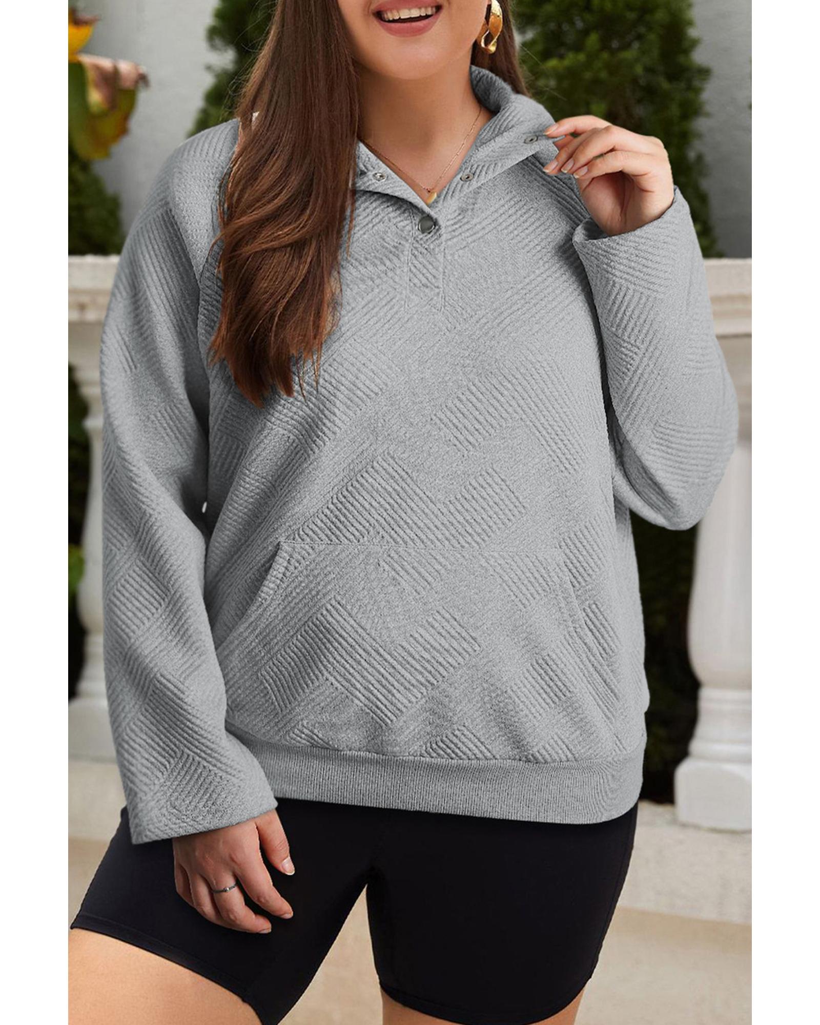 V539-AZEXPL25315197-P1011-3X-202508311335-00 Light Grey Textured Snap Buttons Pullover Plus Size Sweatshirt - 3X - Image 1
