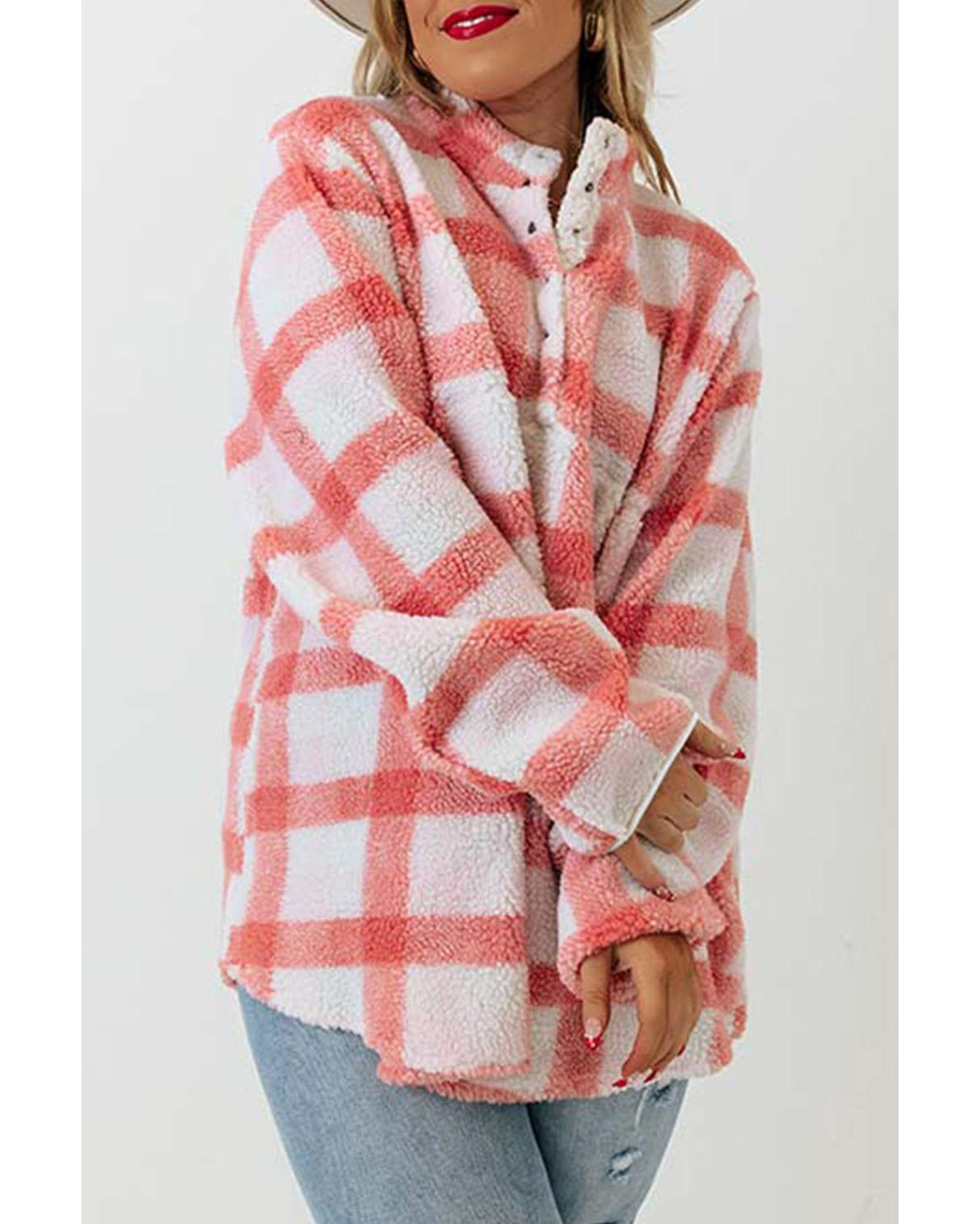 V539-AZEXPL253221-10-1X-202506182211-00 Pink Plus Size Tunic Plaid Sherpa Henley Sweatshirt - 1X - Image 1