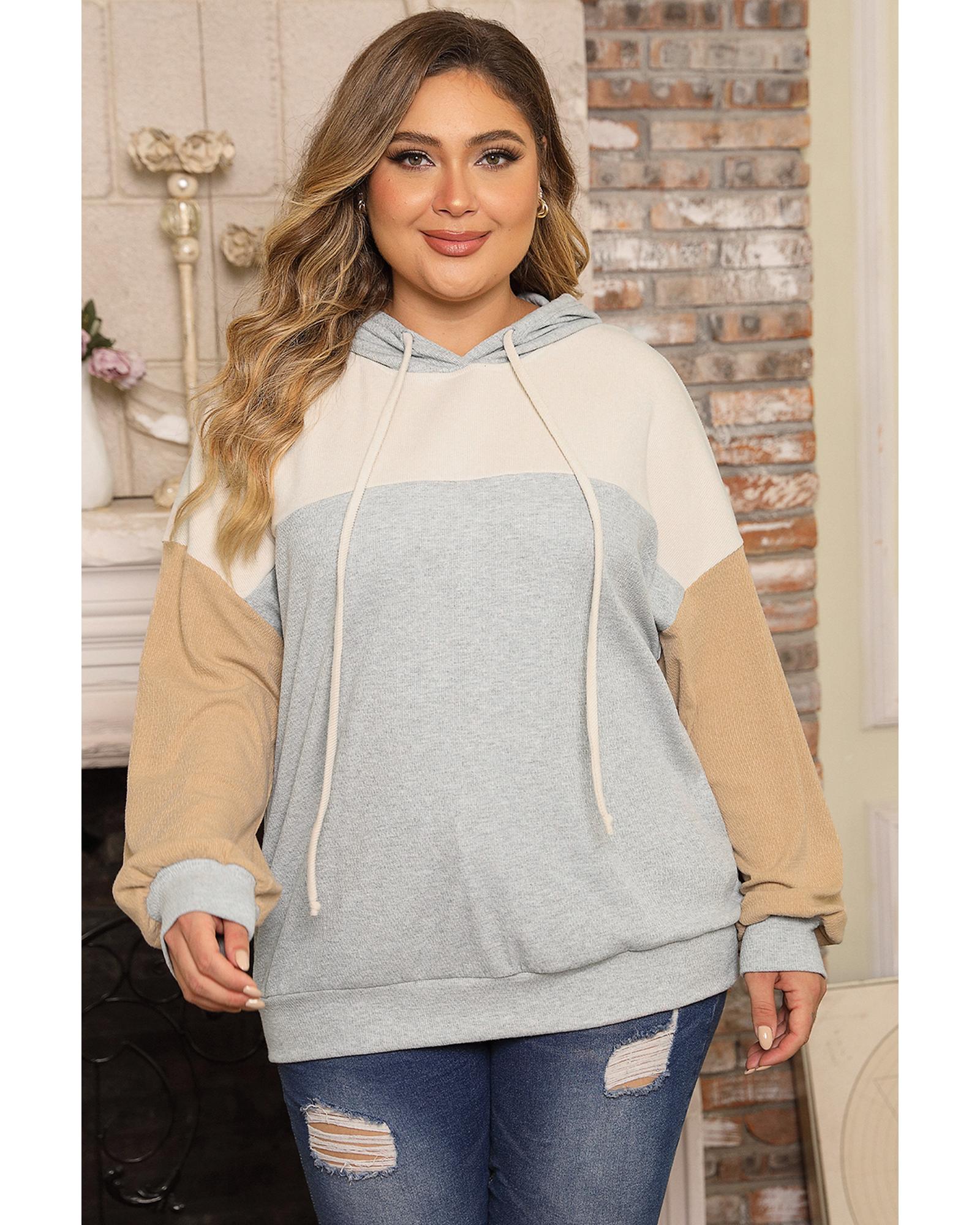 V539-AZEXPL253270-P22-3X-202508311345-00 Multicolour Plus Size Colorblock Drop Shoulder Ribbed Knit Hoodie - 3X - Image 1