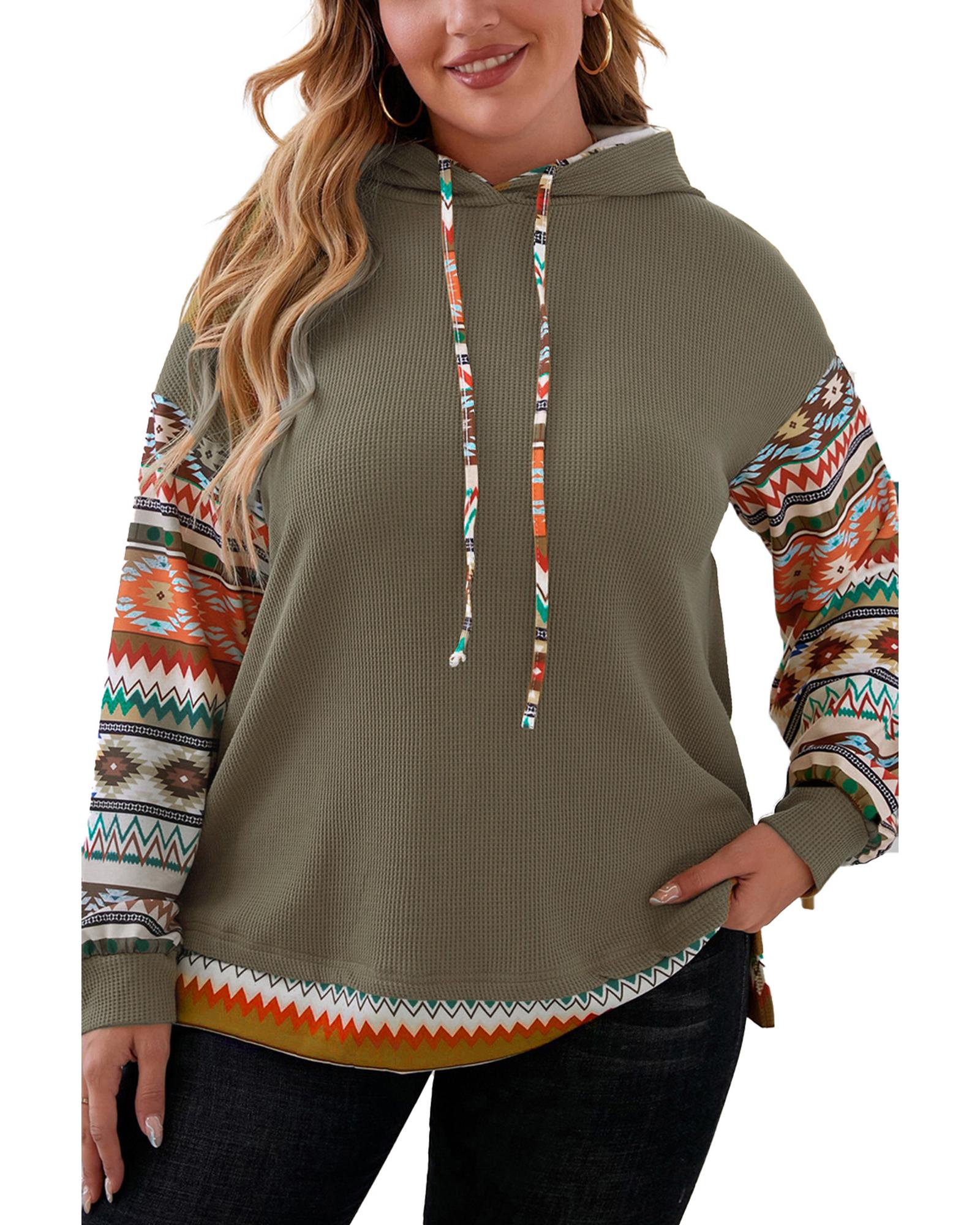 V539-AZEXPL253326-P609-4X-202506182226-00 Jungle Green Aztec Patchwork Sleeve Waffle Drawstring Plus Hoodie - 4X - Image 1