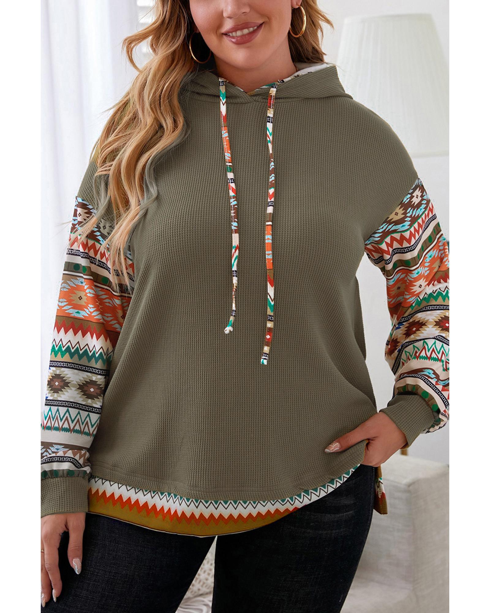 V539-AZEXPL253326-P609-5X-202508311455-00 Jungle Green Aztec Patchwork Sleeve Waffle Drawstring Plus Hoodie - 5X - Image 1