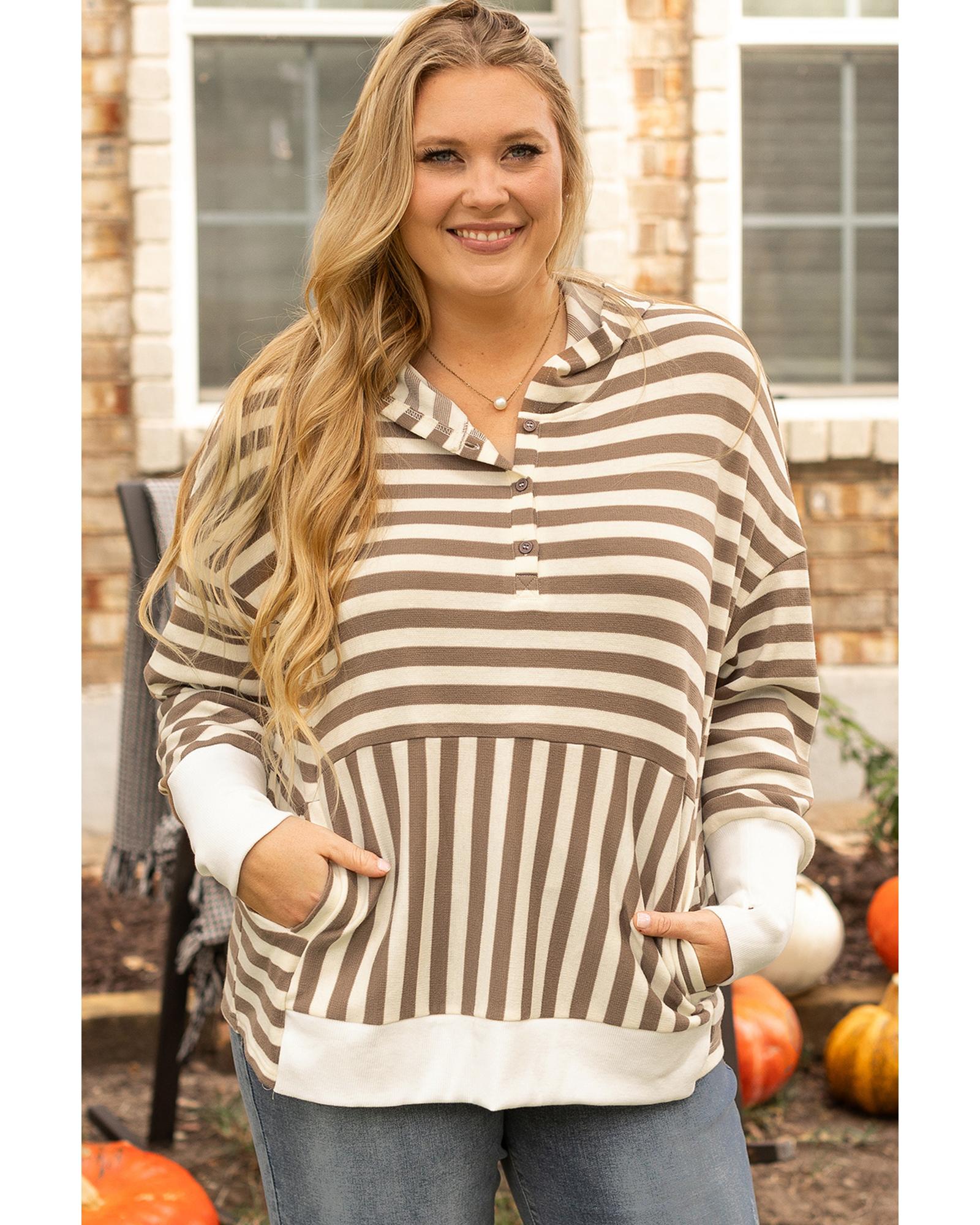 V539-AZEXPL253361-P1719-2X-202508311115-00 Brown Stripe Quarter Buttons Drop Sleeve Plus Size Hoodie - 2X - Image 1