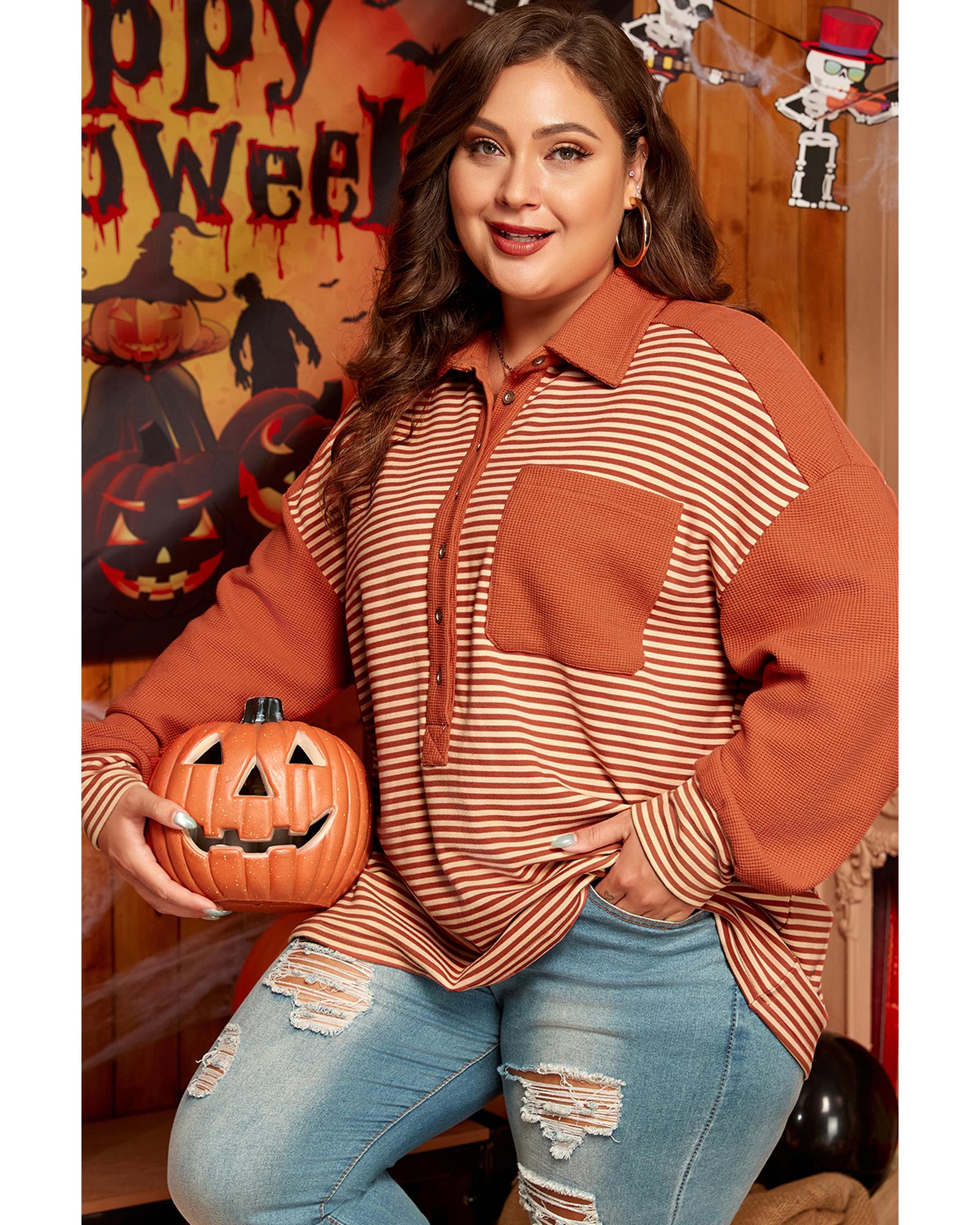 V539-AZEXPL253590-P319-1X-202506151746-00 Red Stripe Textured Patched Drop Shoulder Buttoned Plus Size Sweatshirt - 1X - Image 1