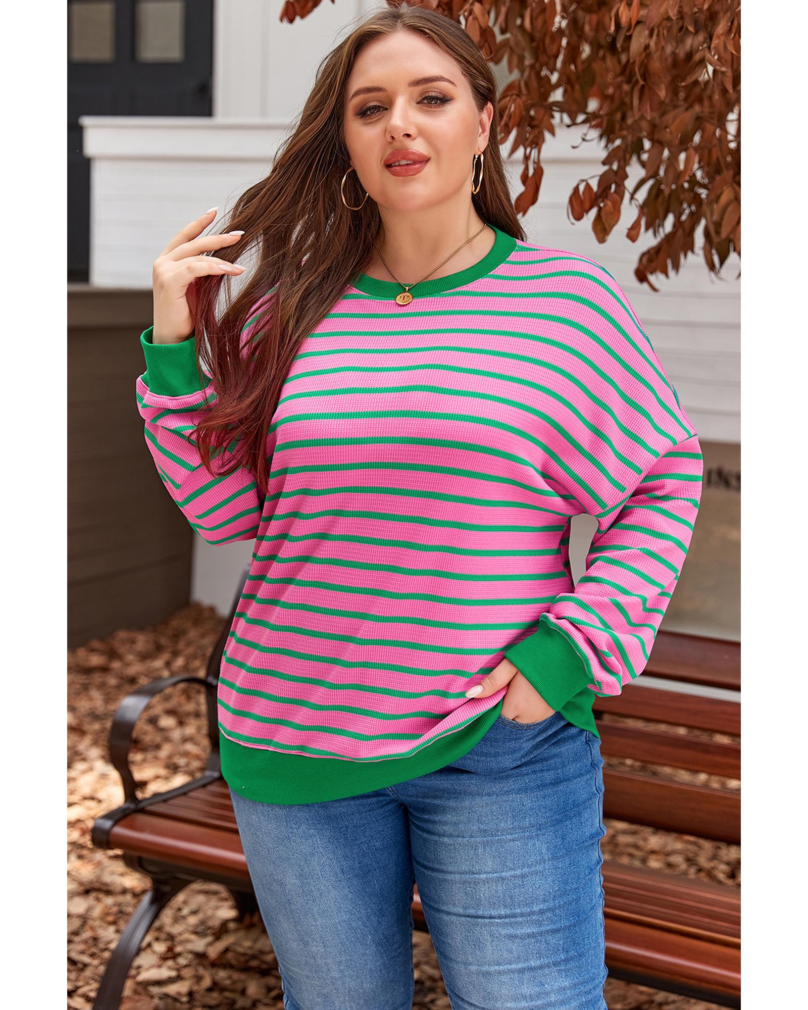 V539-AZEXPL253599-P1019-3X-202508300915-00 Pink Stripe Waffle Knit Crew Neck Plus Size Sweatshirt - 3X - Image 1
