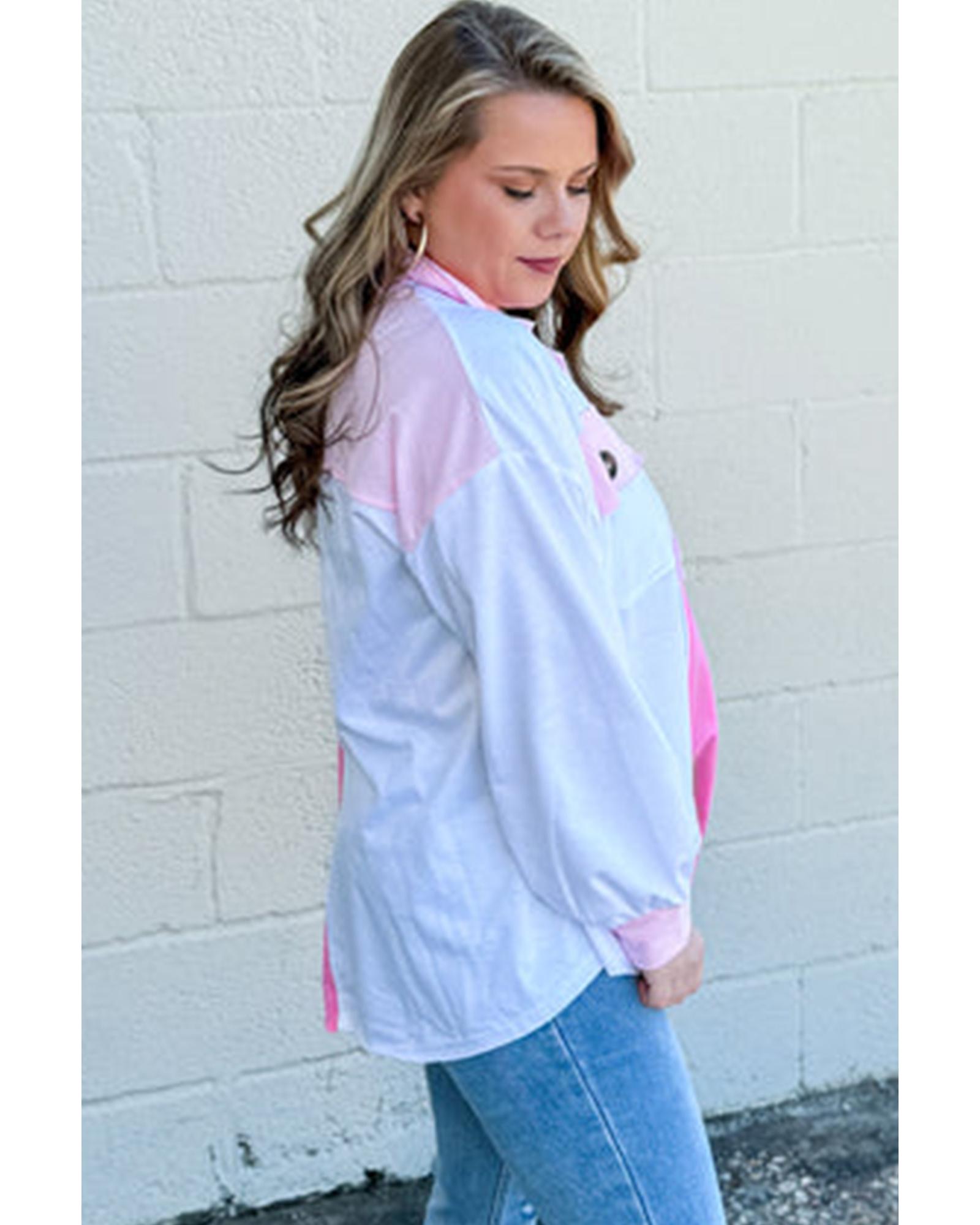 V539-AZEXPL253607-P3010-2X-202508301100-00 Bonbon Color Block Chest Pockets Half Button Plus Size Sweatshirt - 2X - Image 1