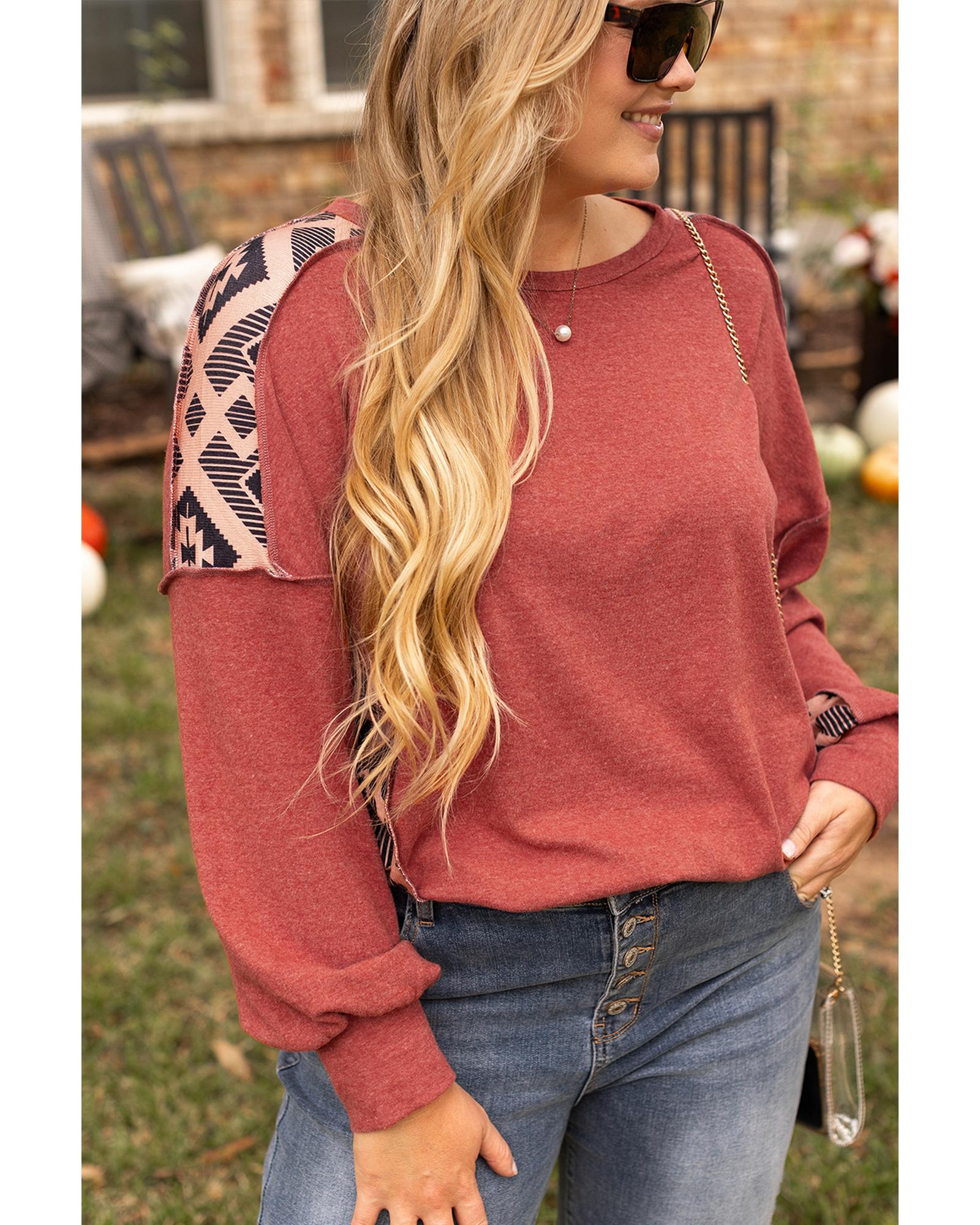 V539-AZEXPL253641-P9017-2X-202508301330-00 Redwood Burl Aztec Patchwork Drop Shoulder Plus Size High Low Sweatshirt - 2X - Image 1