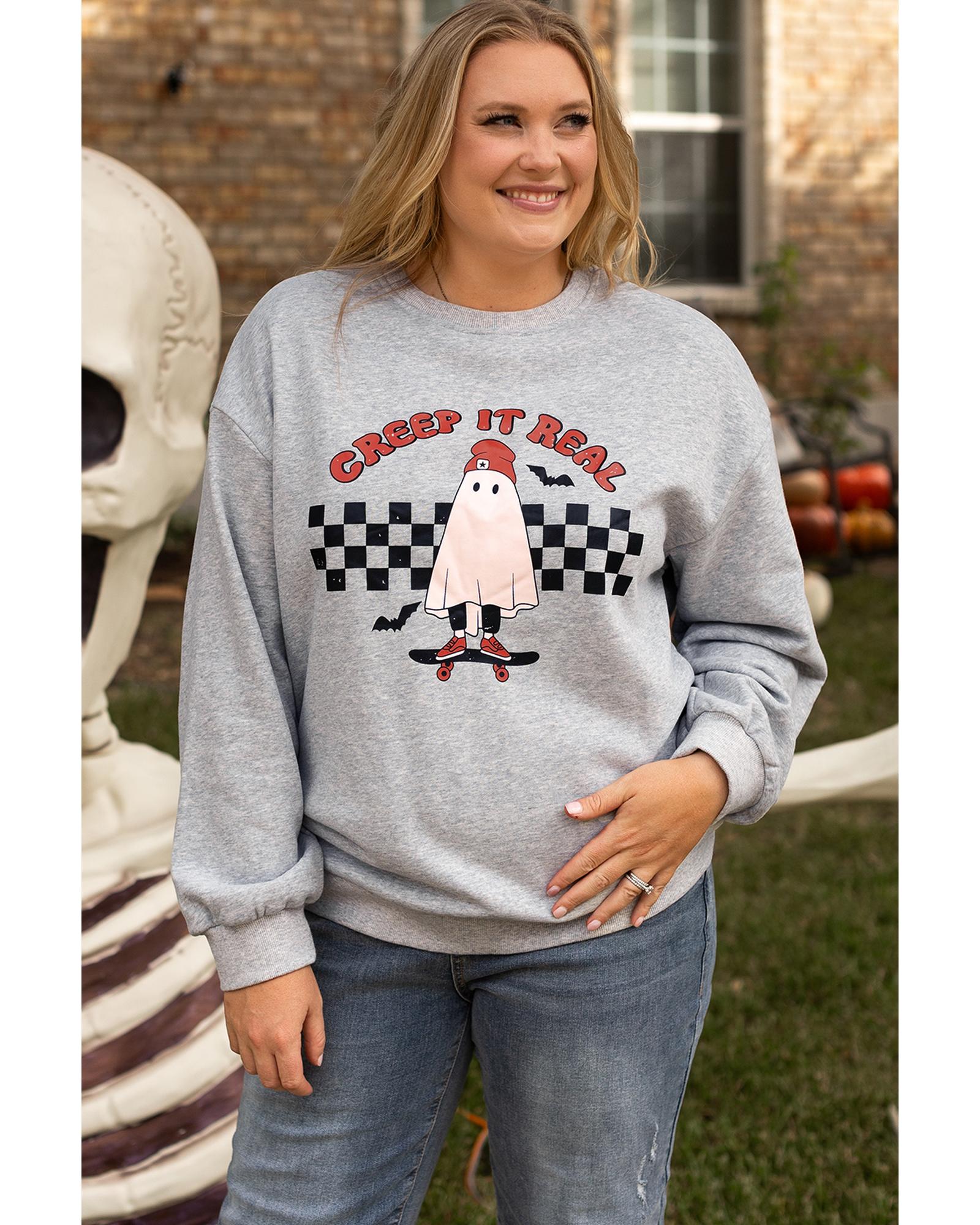 V539-AZEXPL253700-P1011-2X-202508301550-00 Light Grey Creep It Real Ghost Print Plus Size Sweatshirt - 2X - Image 1
