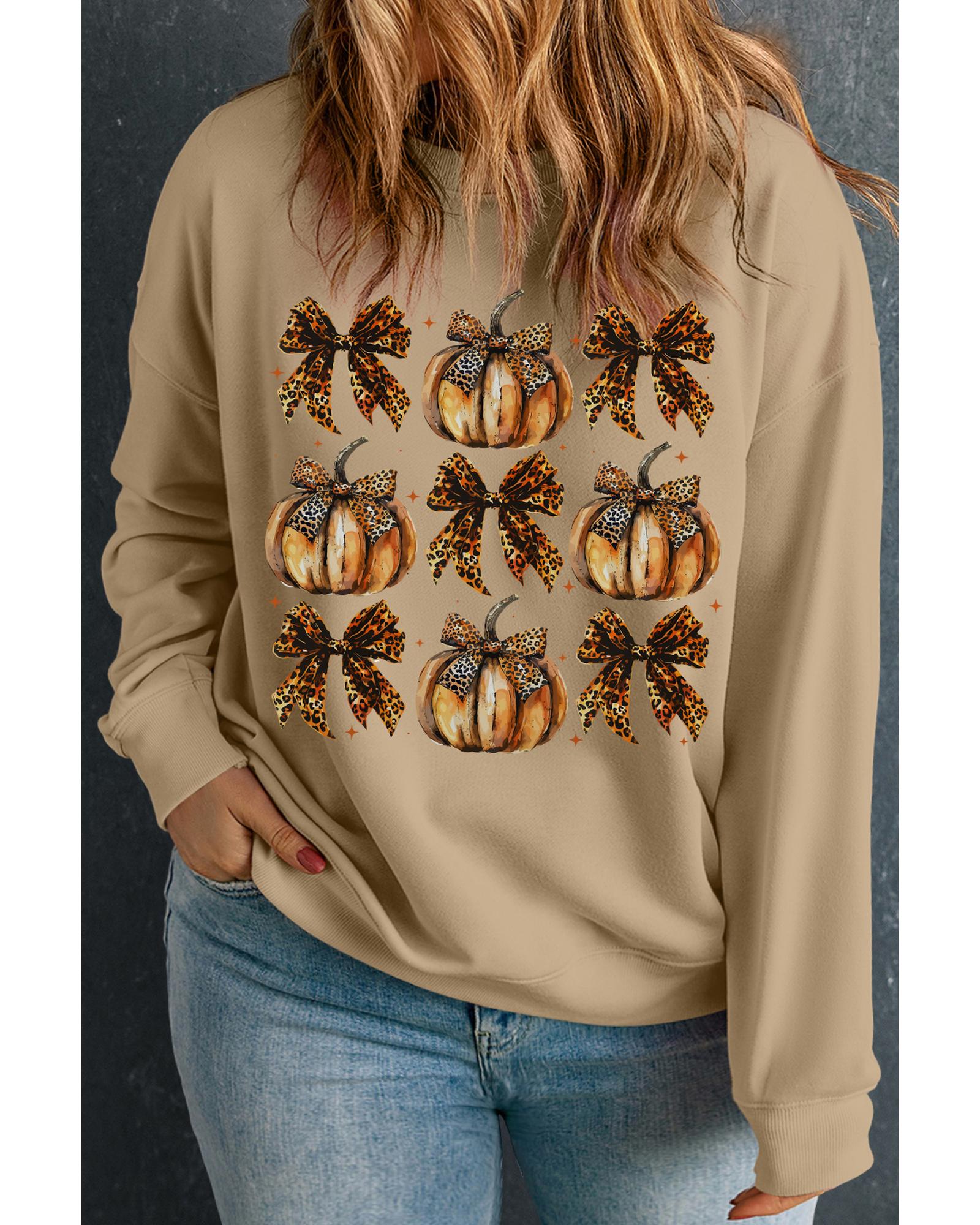 V539-AZEXPL253829-P18-3X-202508302045-00 Apricot Halloween Leopard Pumpkin Bow Knot Print Plus Size Sweatshirt - 3X - Image 1