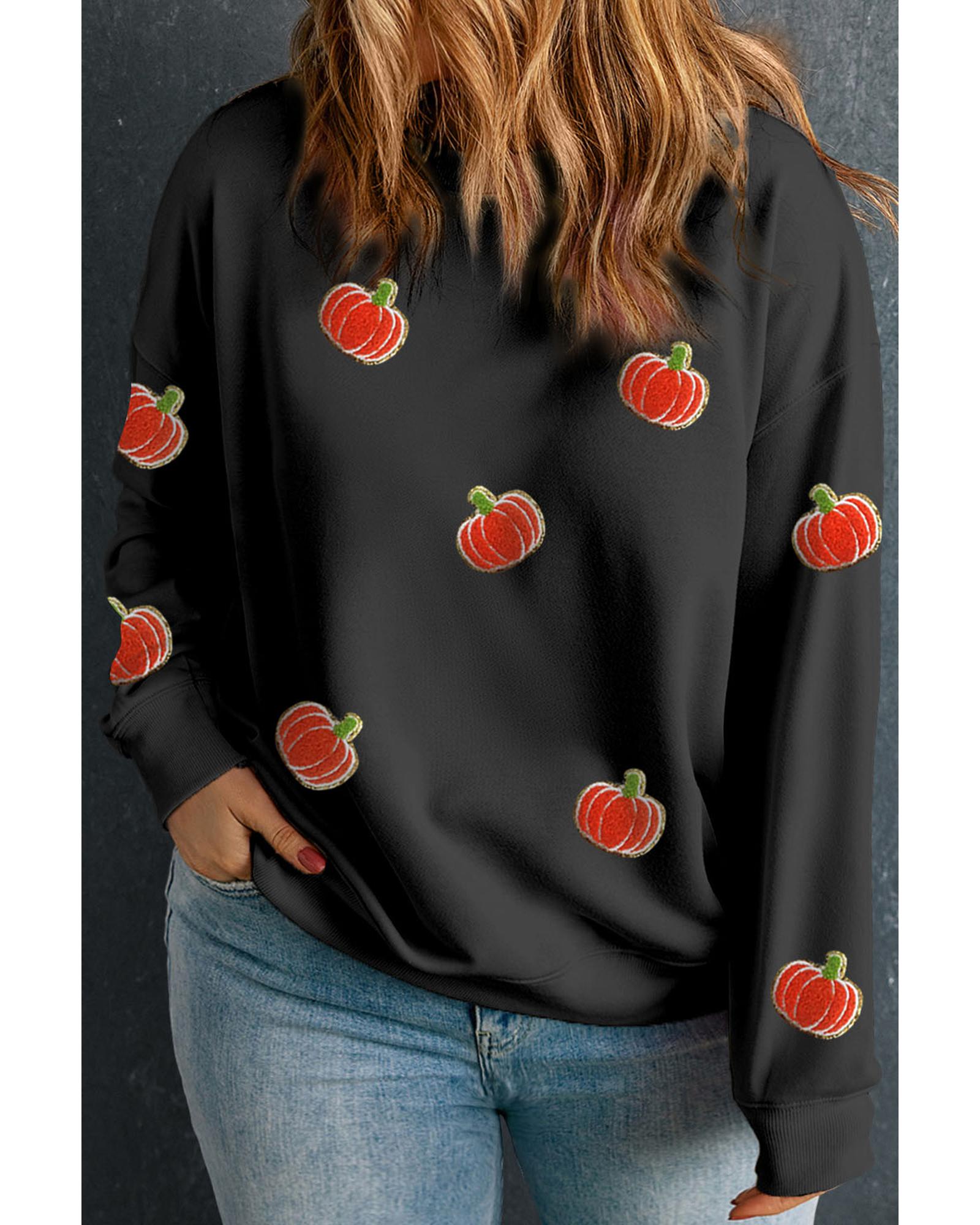 V539-AZEXPL253846-P2-4X-202508310040-00 Black Chenille Pumpkin Patched Drop Shoulder Plus Size Sweatshirt - 4X - Image 1