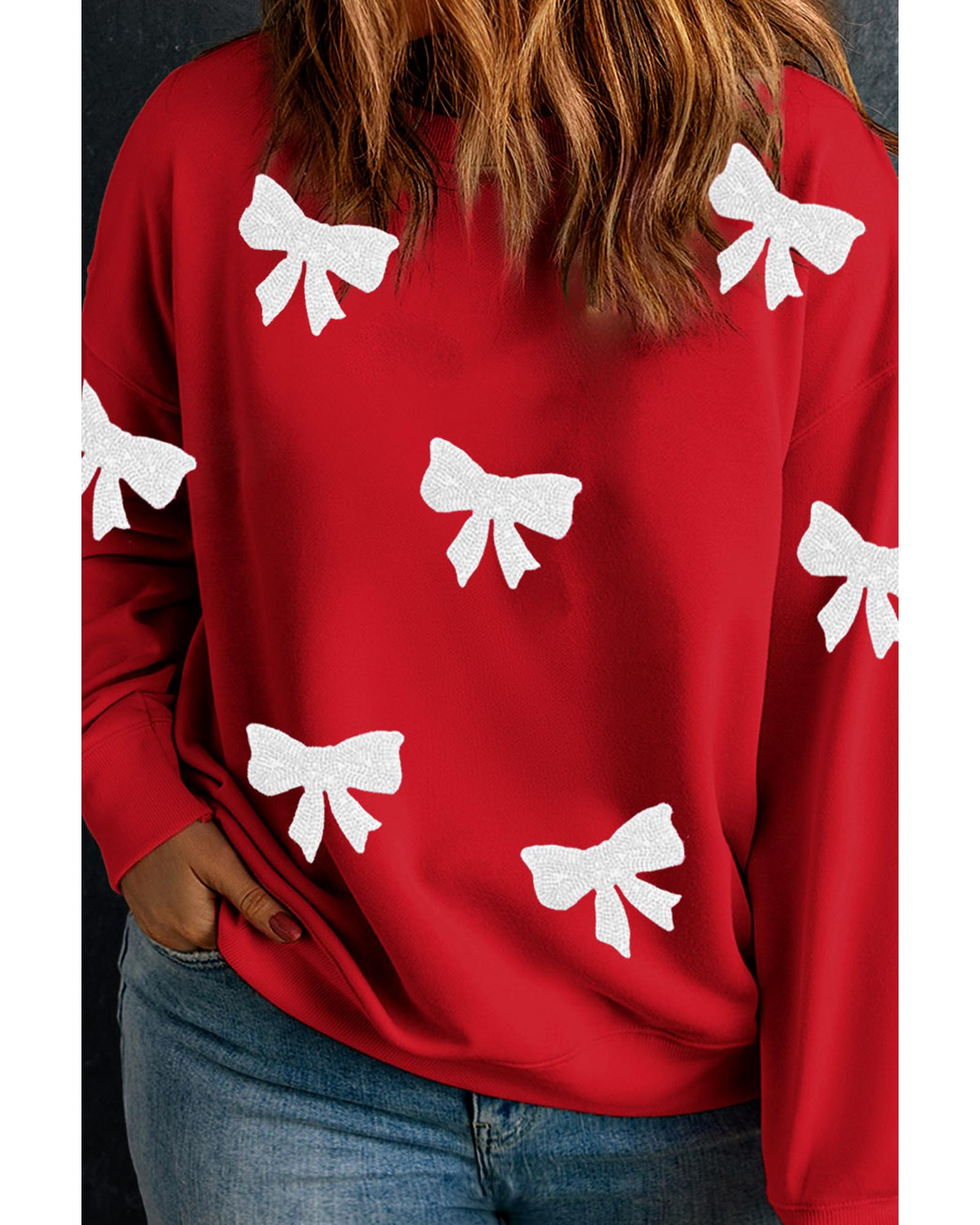 V539-AZEXPL253895-P603-4X-202508300855-00 Racing Red Bow Pattern Drop Shoulder Plus Size Sweatshirt - 4X - Image 1