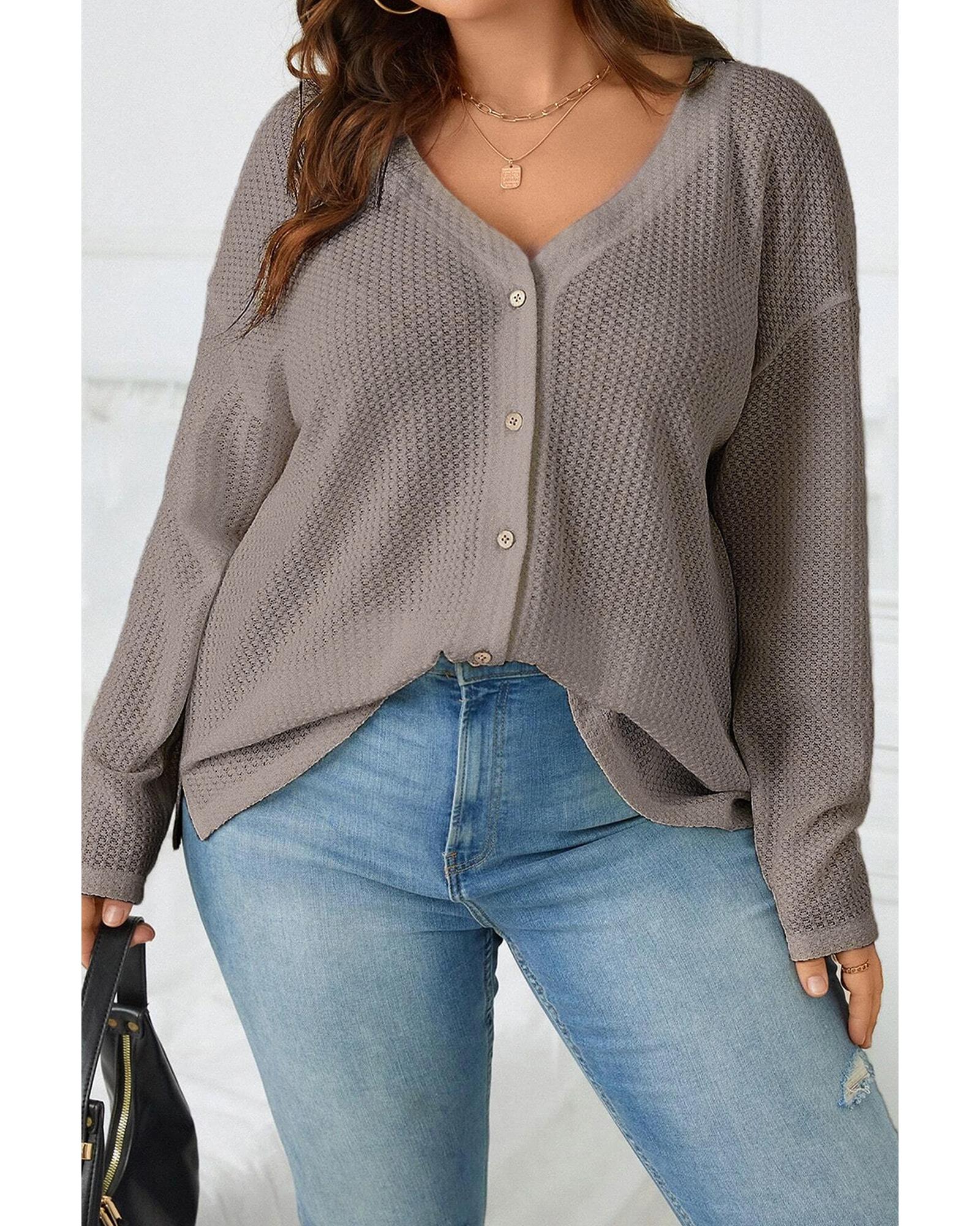 V539-AZEXPL254198-P6017-1X-202506151942-00 Simply Taupe Waffle Knit Drop Shoulder Button V Neck Plus Size Top - 1X - Image 1