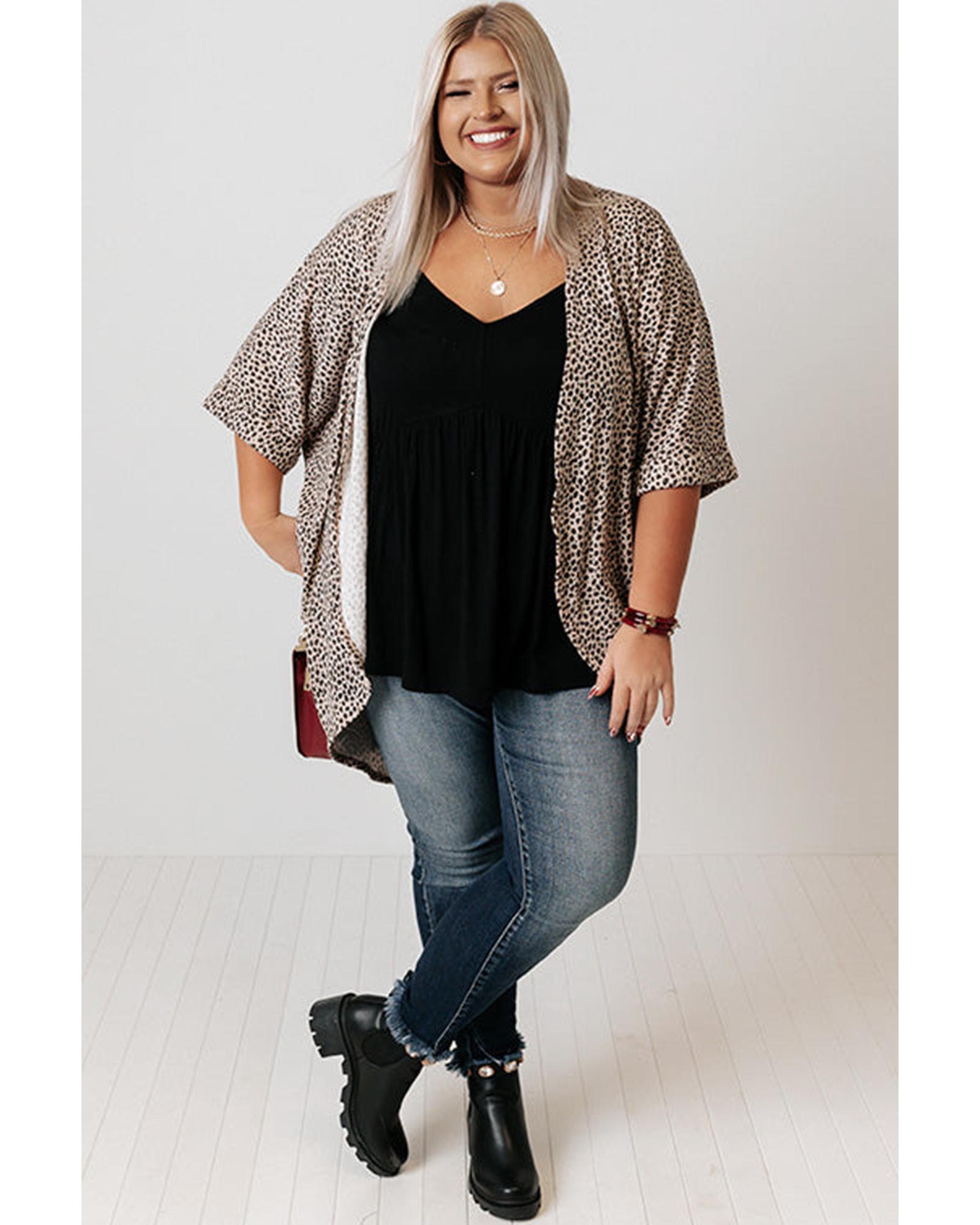 V539-AZEXPL254203-P1620-3X-202508301155-00 Khaki Plus Size Leopard Print Half Sleeve Open Front Cardigan - 3X - Image 1