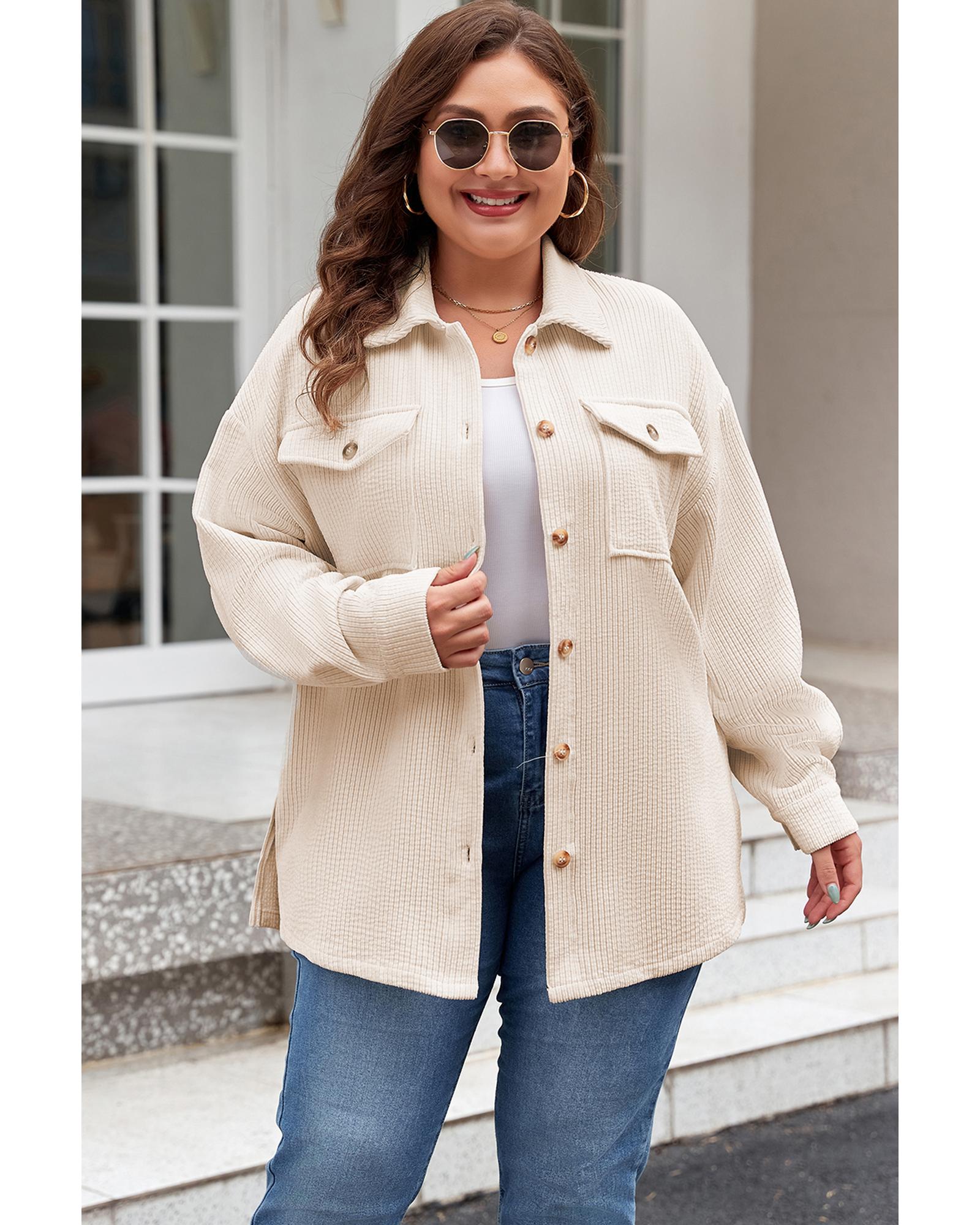 V539-AZEXPL255365-P1015-3X-202508302125-00 Oatmeal Textured Flap Pockets Buttoned Plus Size Shacket - 3X - Image 1