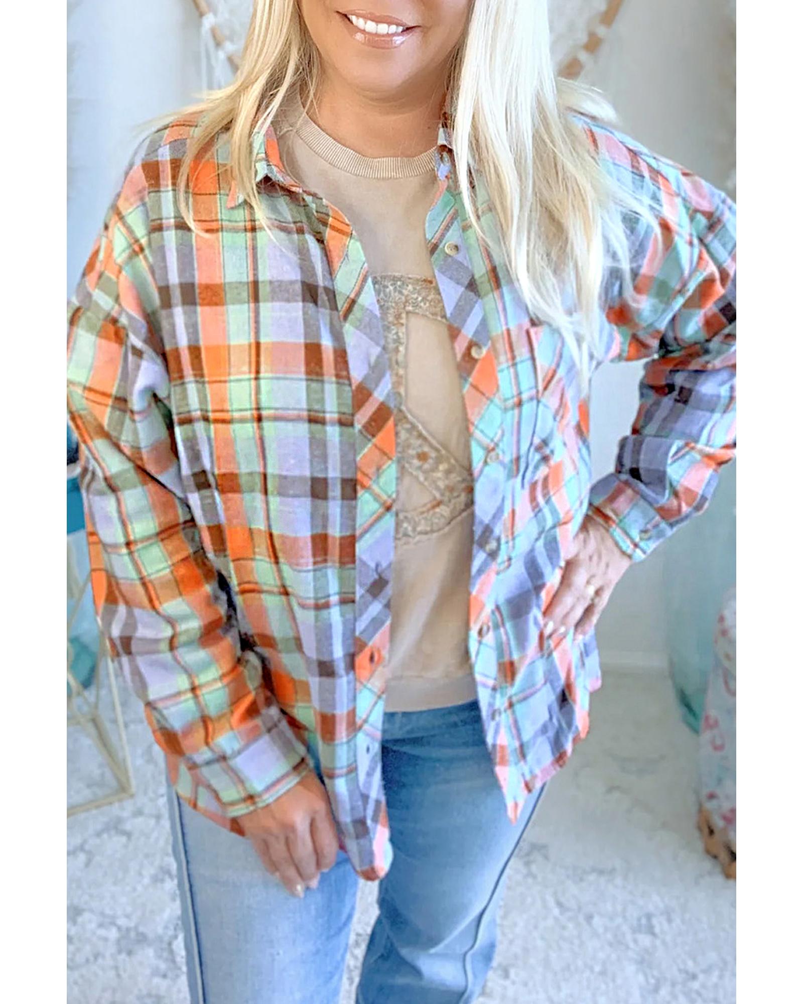 V539-AZEXPL2555262-P1422-2X-202508302310-00 Orange Plus Size Plaid Print Buttoned Shirt - 2X - Image 1