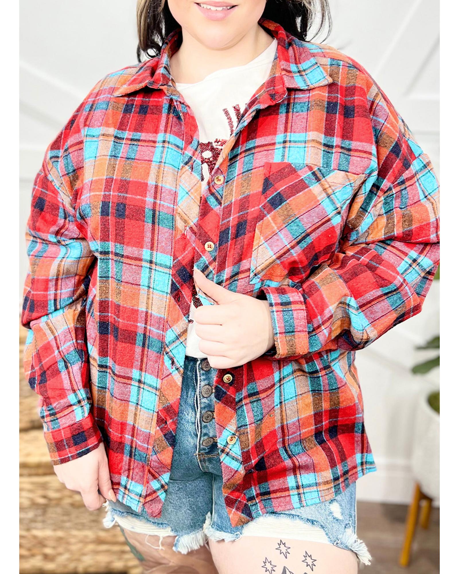 V539-AZEXPL2555262-P322-1X-202506152032-00 Red Plus Size Plaid Print Buttoned Shirt - 1X - Image 1
