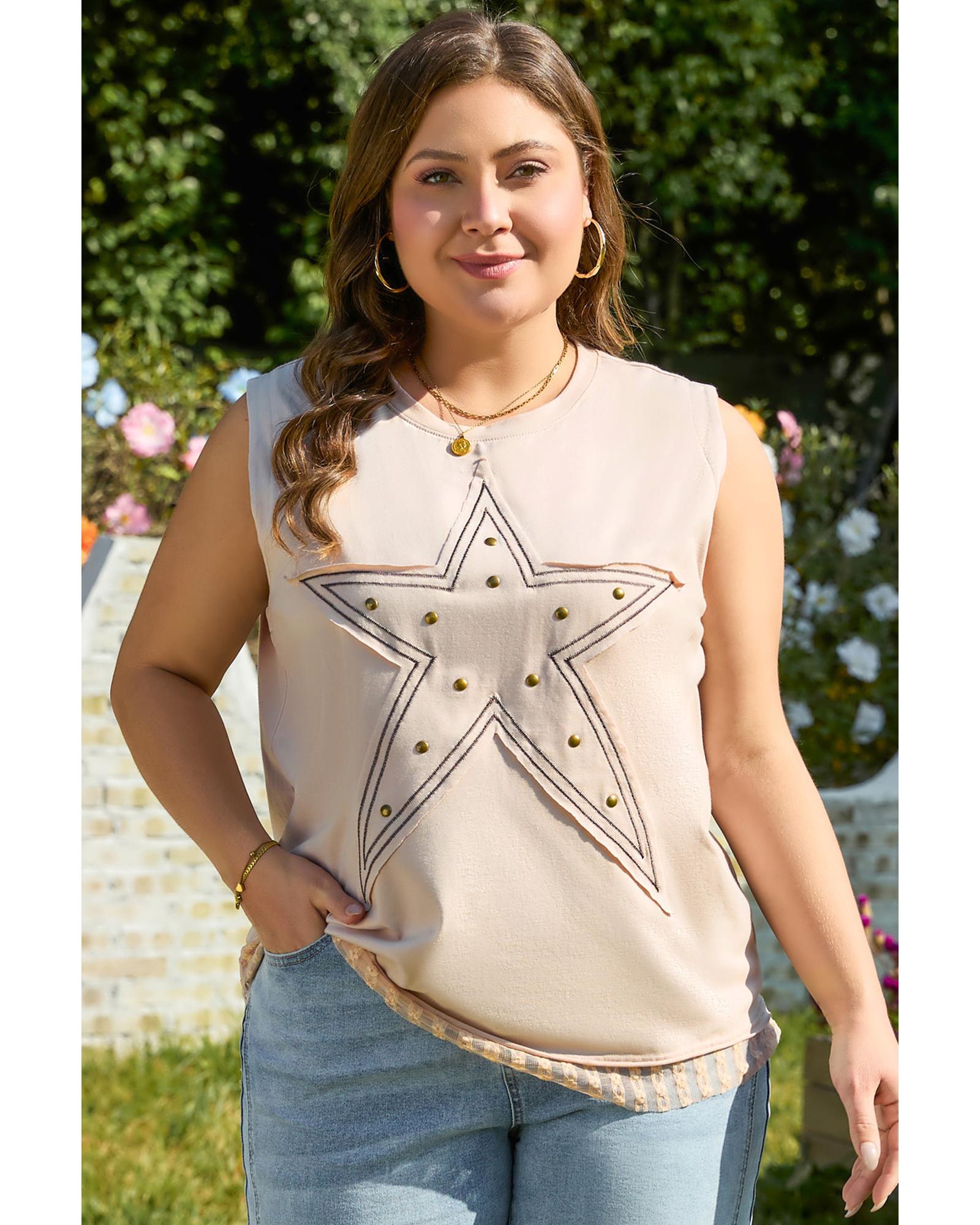 V539-AZEXPL256446-P6016-3X-202508310000-00 Parchment Studded Star Lace Patchwork Hem Plus Size Tank Top - 3X - Image 1