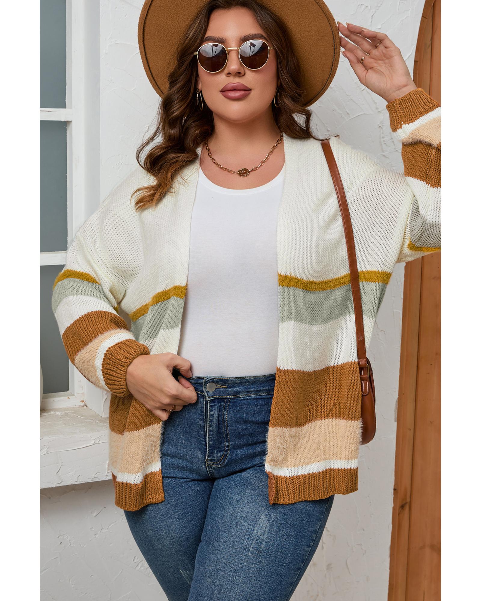 V539-AZEXPL271025-15-1X-202506151717-00 Beige Plus Size Striped Print Open Front Cardigan - 1X - Image 1