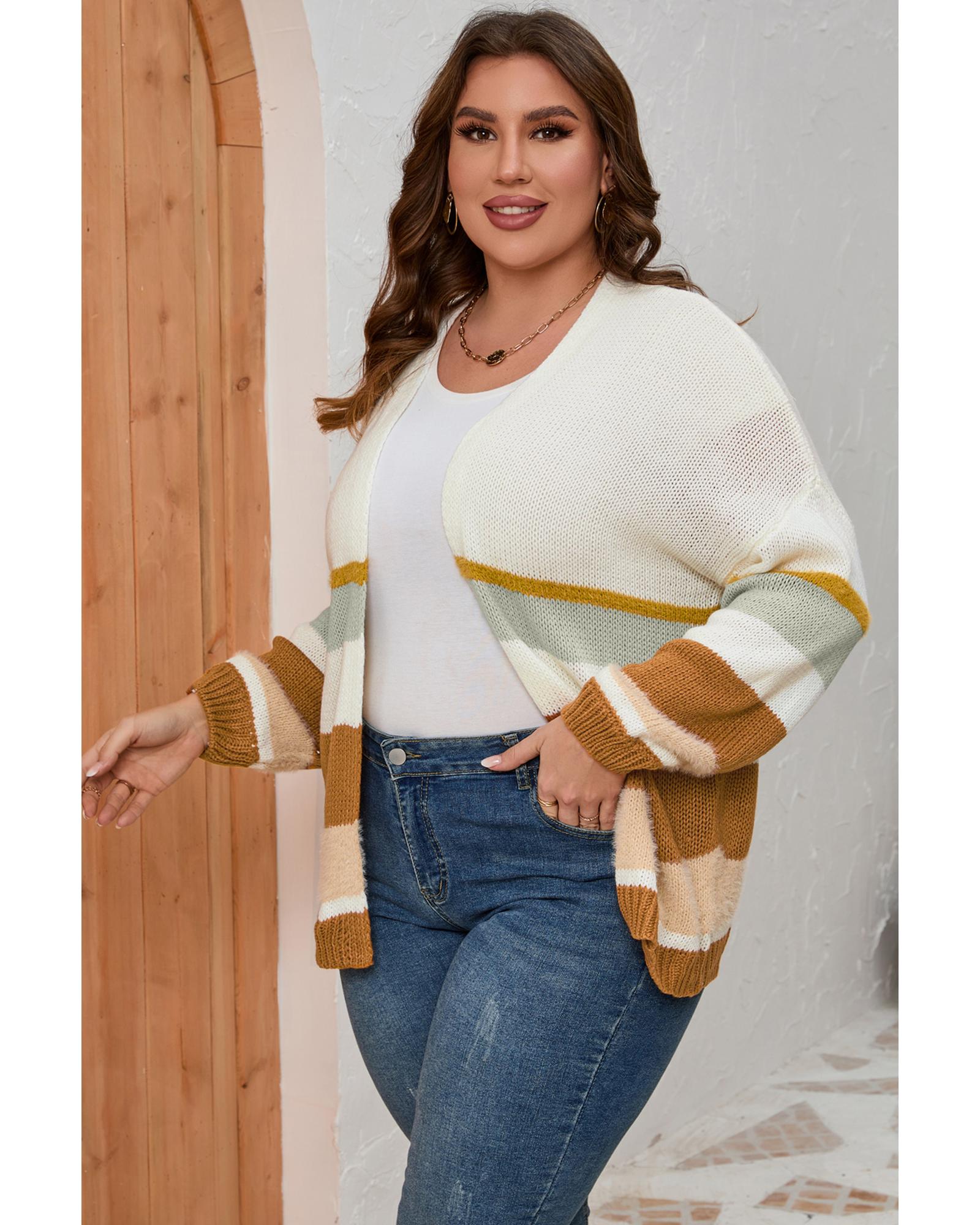 V539-AZEXPL271025-15-3X-202508310015-00 Beige Plus Size Striped Print Open Front Cardigan - 3X - Image 1