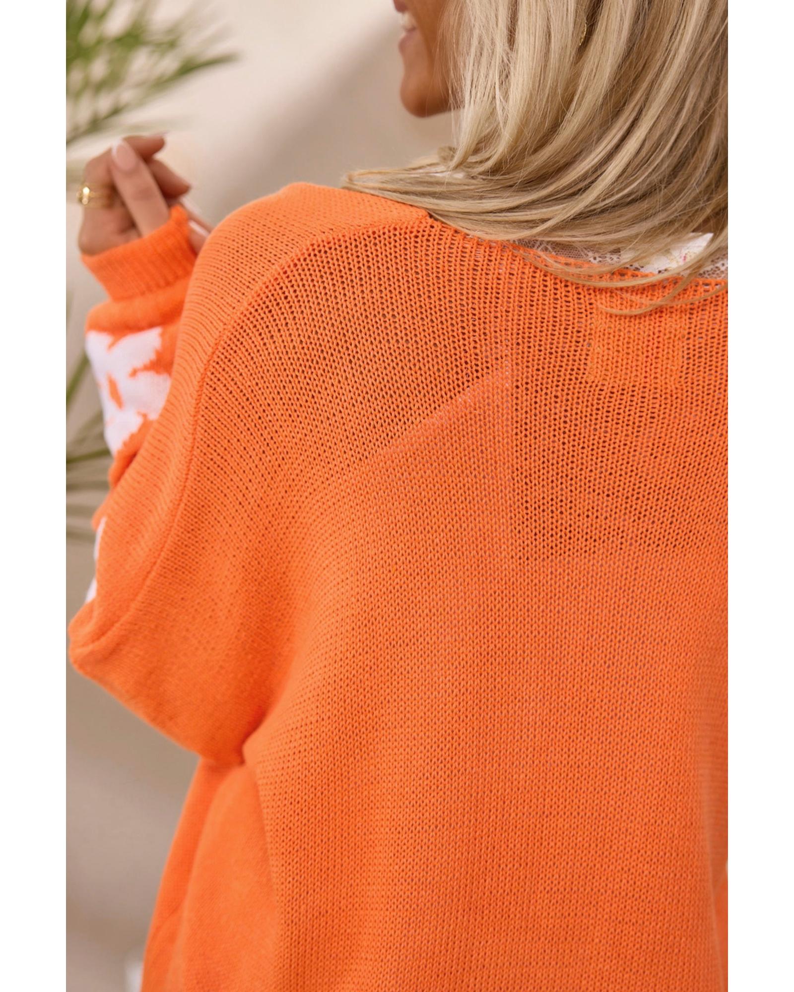 V539-AZEXPL2711718-P14-1X-202506151730-00 Orange Flower Pattern Drop Shoulder Plus Size Cardigan - 1X - Image 1