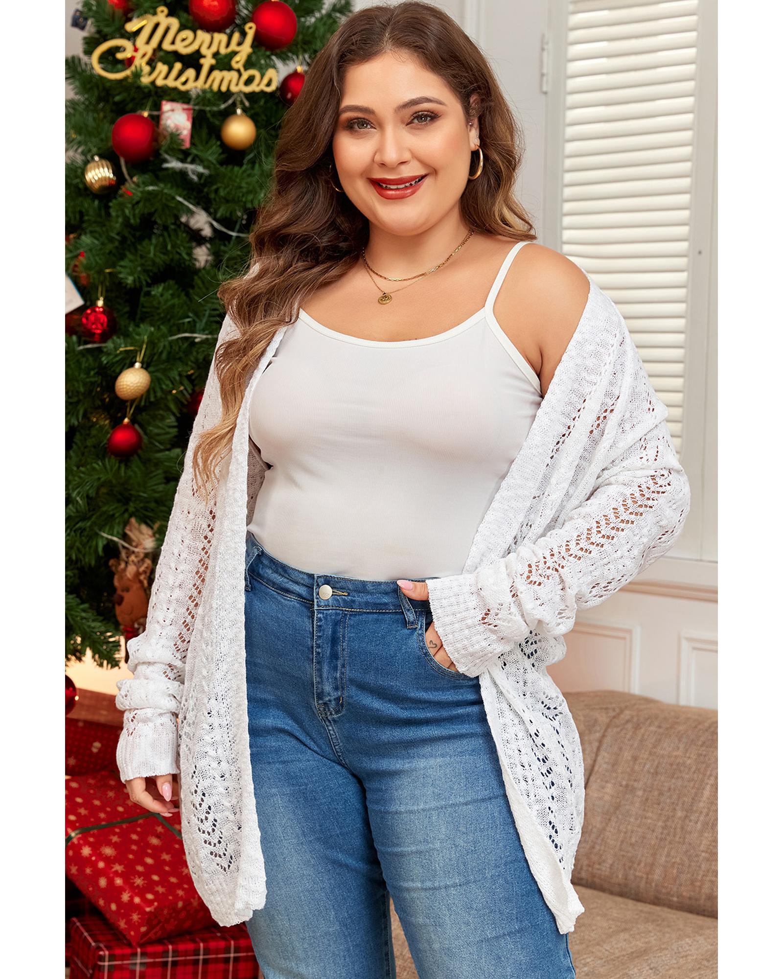 V539-AZEXPL2711740-P1-2X-202508310205-00 White Plus Size Eyelet Knit Open Front Cardigan - 2X - Image 1