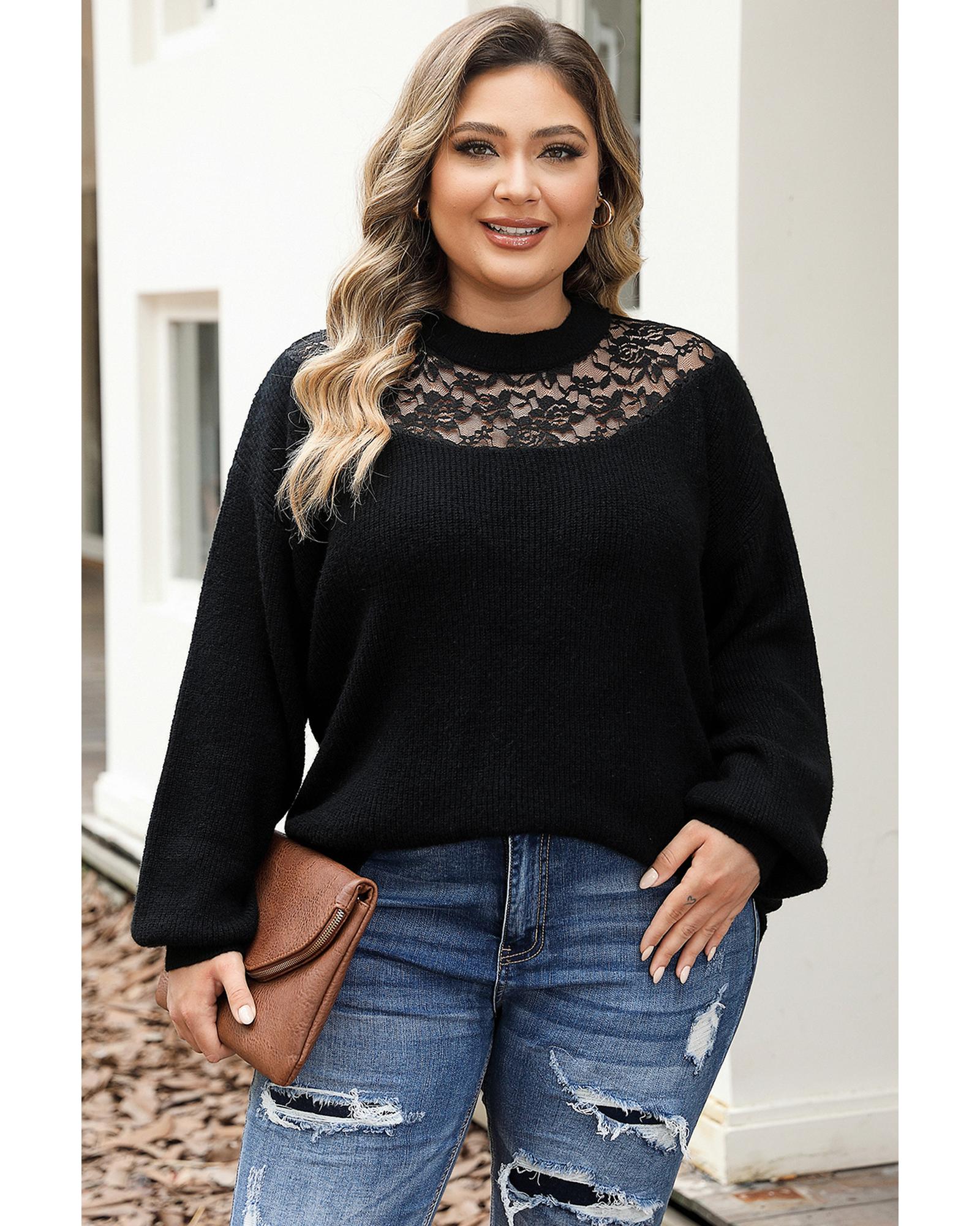 V539-AZEXPL272120-2-2X-202508301105-00 Black Plus Size Ribbed Knit Lace Splicing High Neck Sweater - 2X - Image 1
