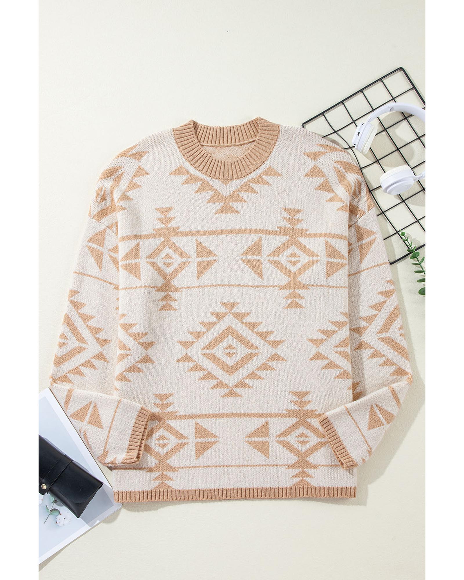 V539-AZEXPL272314-P1820-4X-202508301605-00 Apricot Plus Size Western Aztec Print Loose Sweater - 4X - Image 1