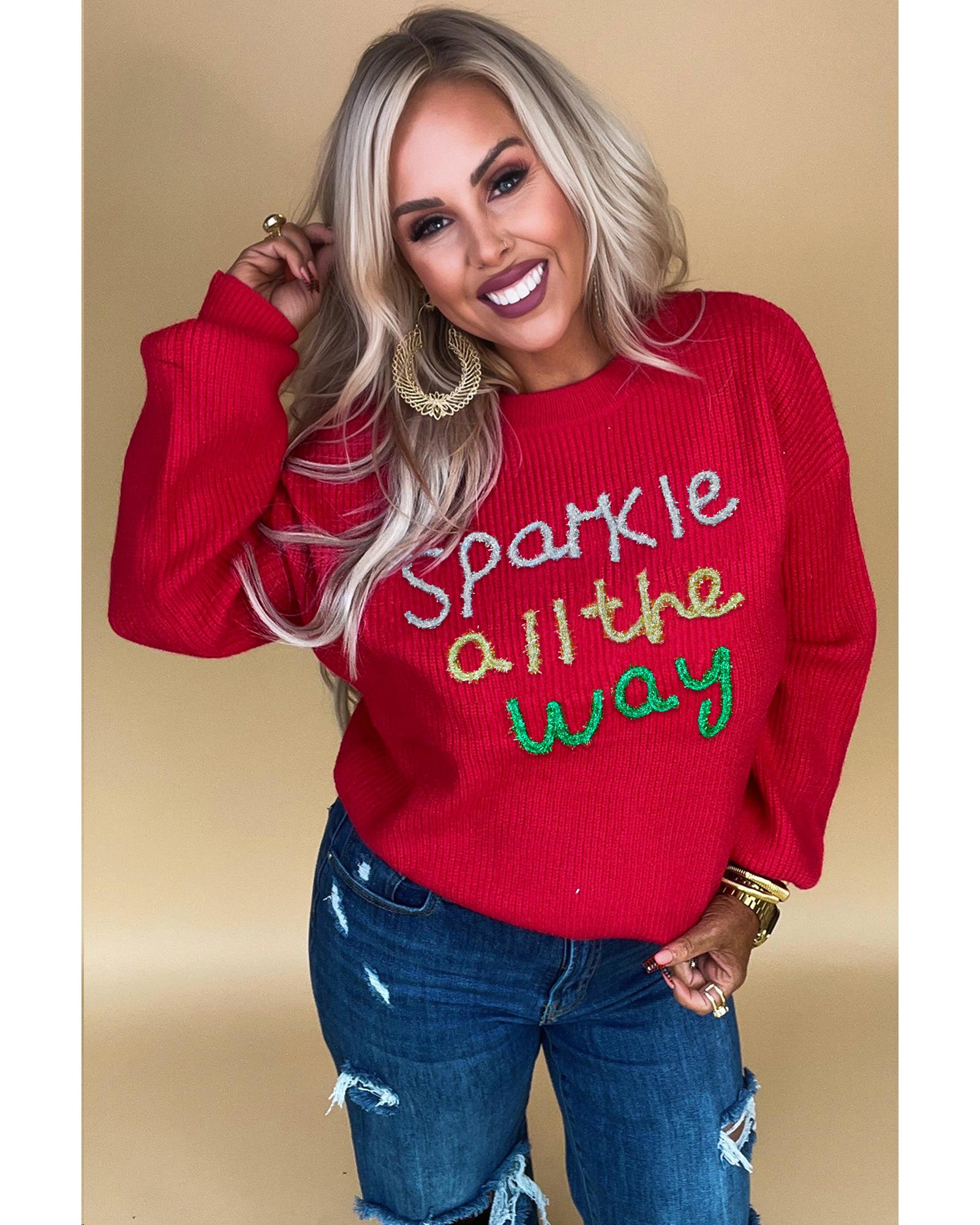 V539-AZEXPL272360-P603-1X-202506151845-00 Racing Red Sparkle All The Way Tinsel Crew Neck Plus Size Sweater - 1X - Image 1