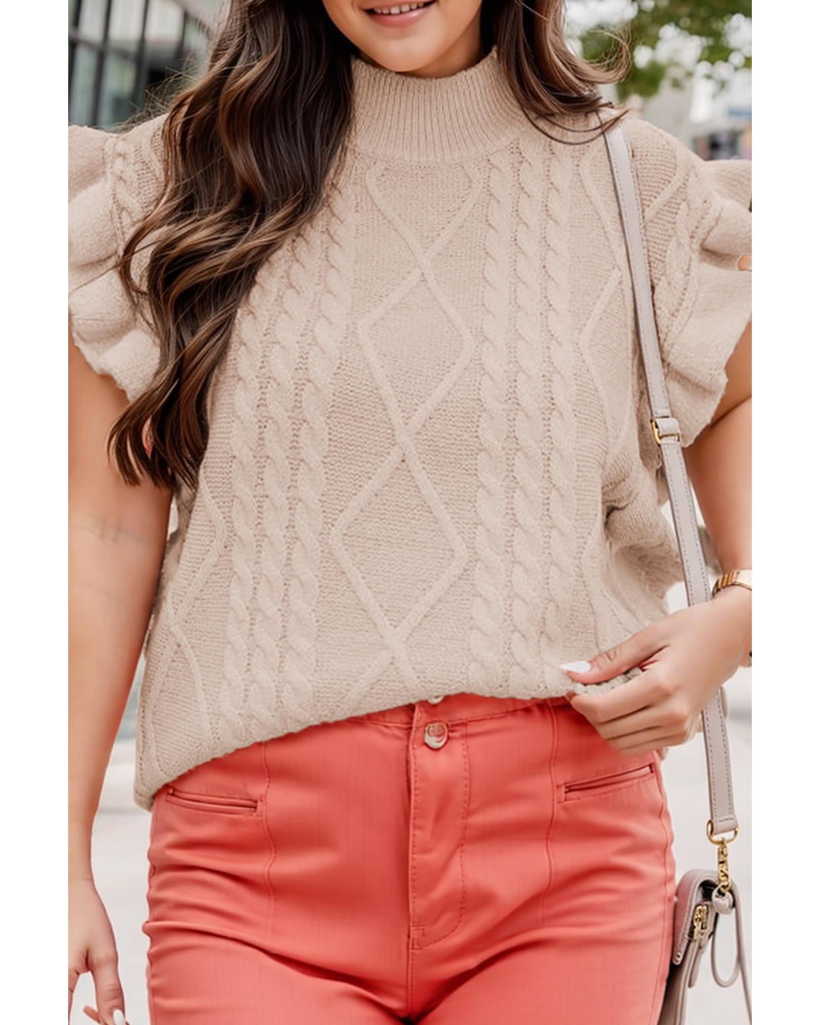 V539-AZEXPL2724369-P1015-1X-202506151852-00 Oatmeal Plus Cable Knit Short Ruffled Sleeve Mock Neck Sweater - 1X - Image 1