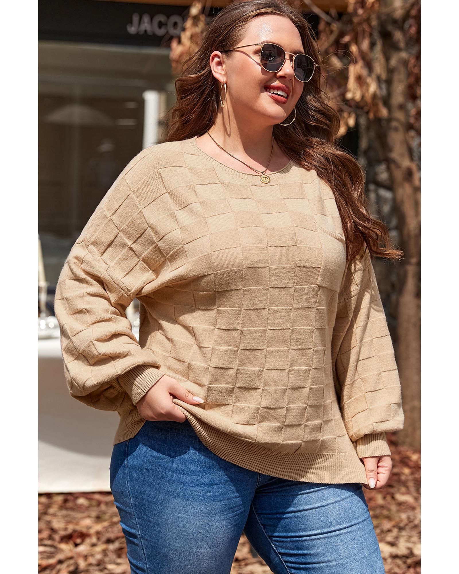 V539-AZEXPL2724713-P4016-1X-202506151854-00 Light French Beige Solid Checkered Textured Knit Plus Size Sweater - 1X - Image 1