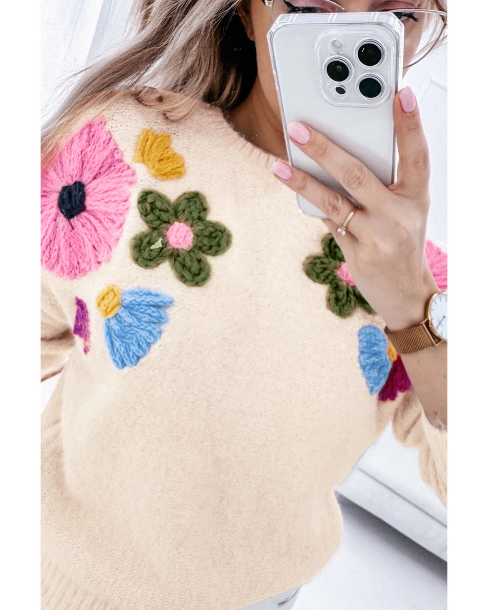 V539-AZEXPL2724823-P15-2X-202508302210-00 Beige Plus Size Crochet Flower Pullover Sweater - 2X - Image 1
