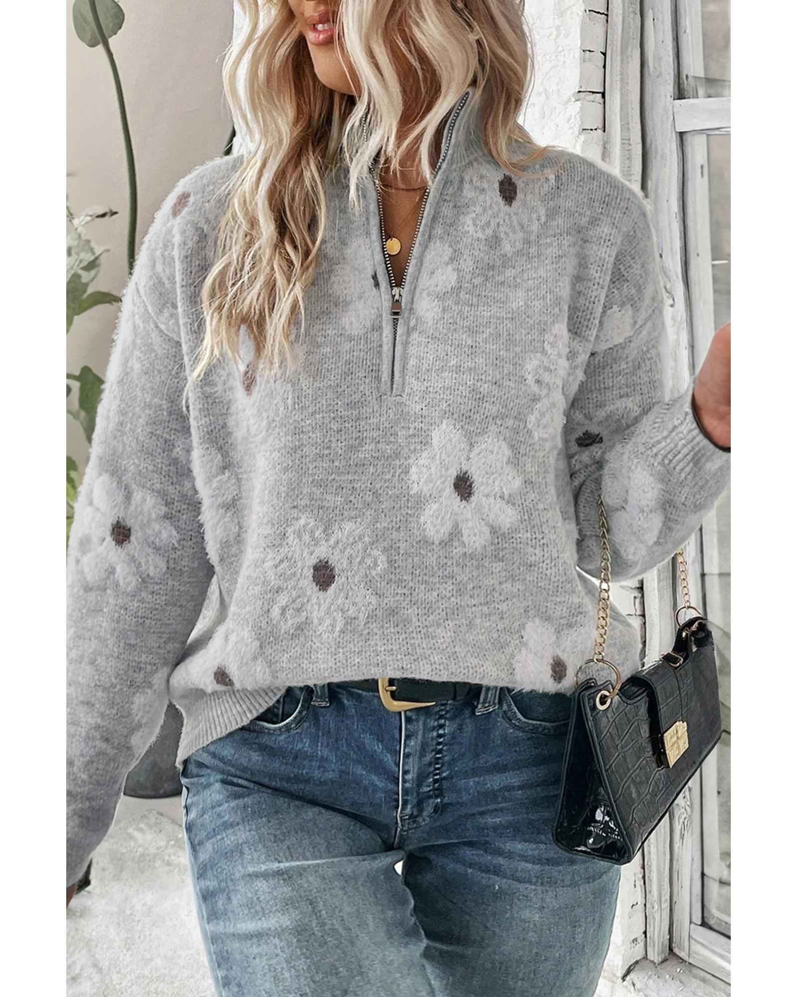 V539-AZEXPL2725102-P1122-1X-202506151915-00 Gray Plus Size Embroidered Floral Pattern Half Zip Sweater - 1X - Image 1