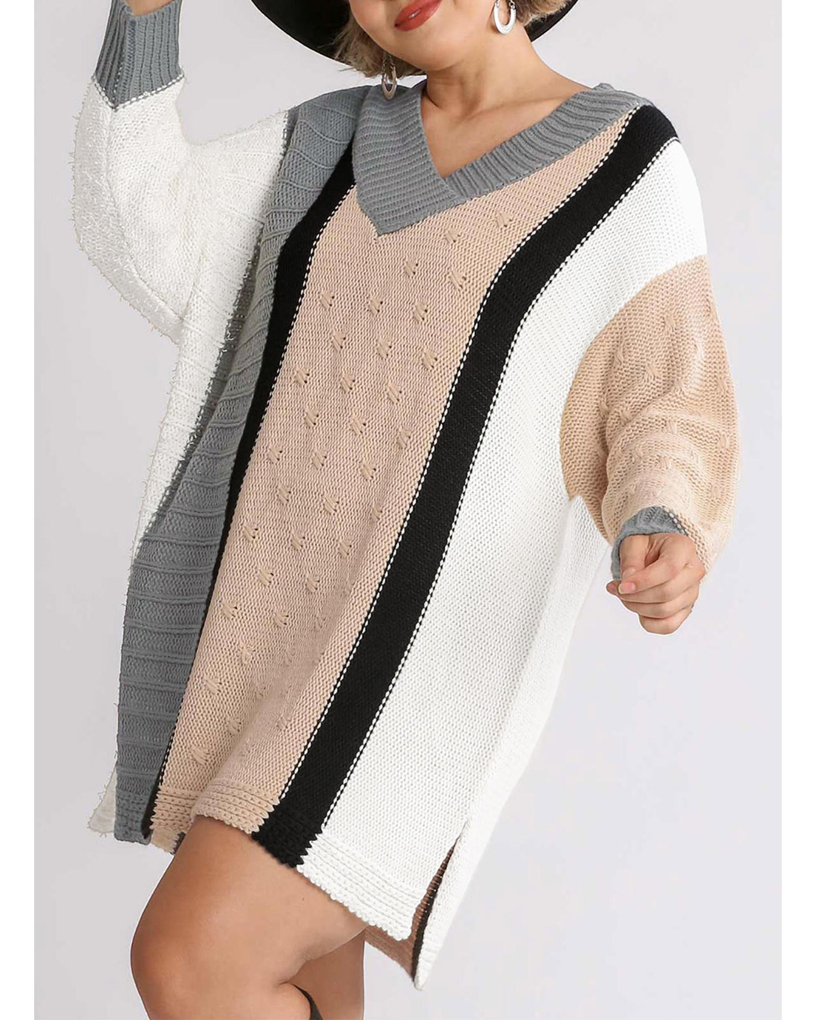 V539-AZEXPL273001-18-3X-202508300755-00 Apricot Mixed Boucl Color Block Plus Size Sweater Dress - 3X - Image 1