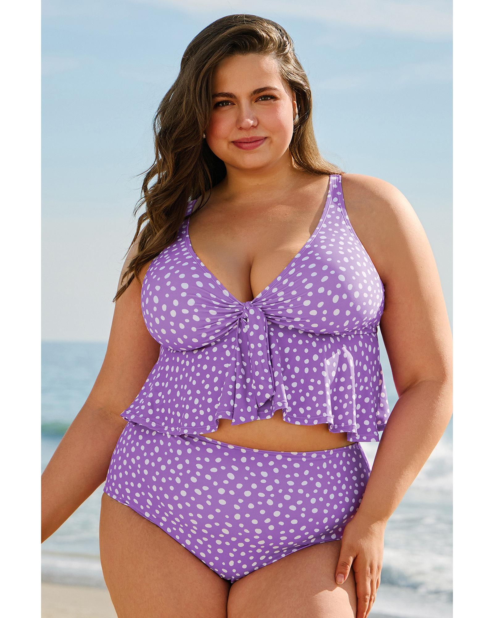 V539-AZEXPL41024-P820-4X-202508300850-00 Purple Plus Size Polka Dot Print Ruffled Knotted V Neck Tankini Set - 4X - Image 1