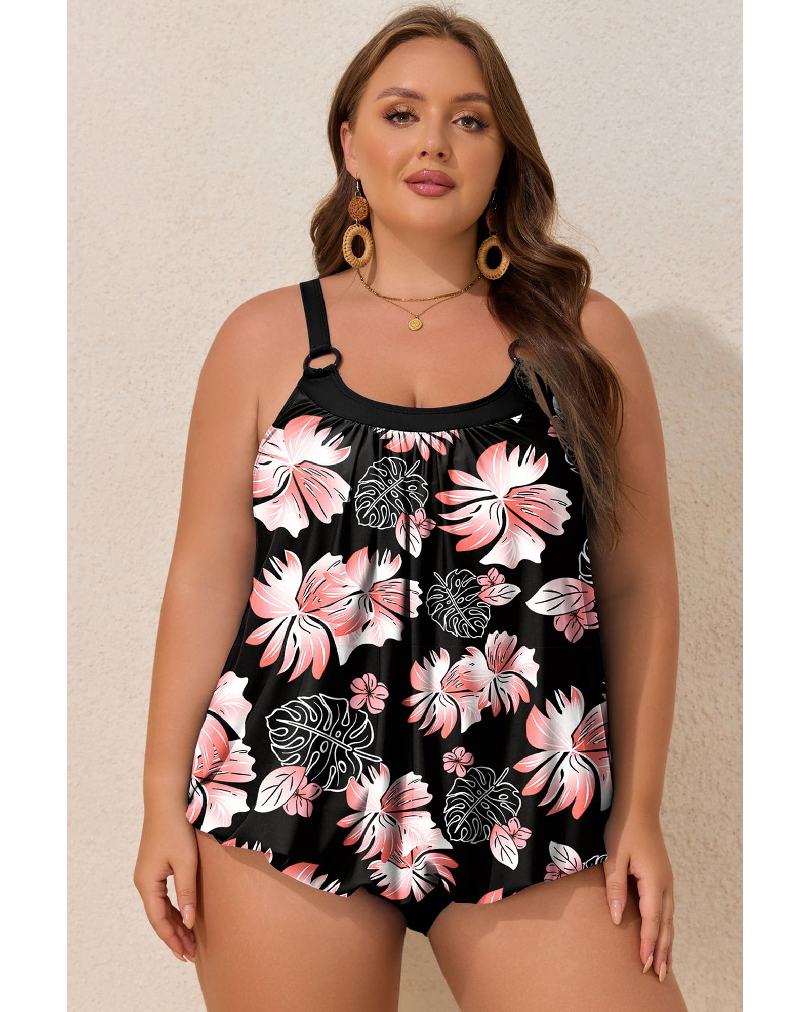 V539-AZEXPL41045-P220-4X-202508301200-00 Black 2pcs Plus Size Wide Strap Floral Top Tankini Set - 4X - Image 1