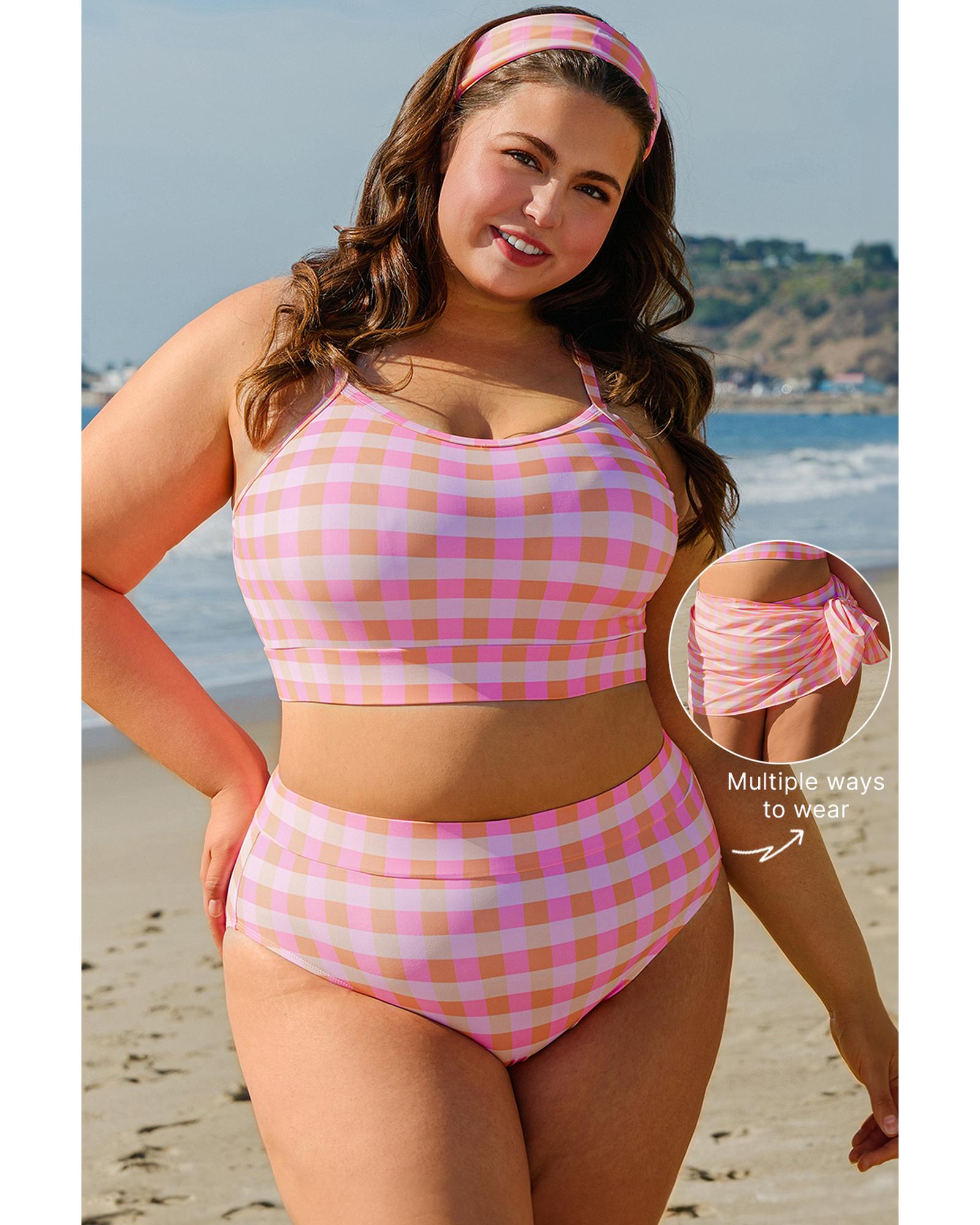 V539-AZEXPL43021-P1020-1X-202506151947-00 Pink Plus Size Plaid Print High Waist Bikini Set - 1X - Image 1