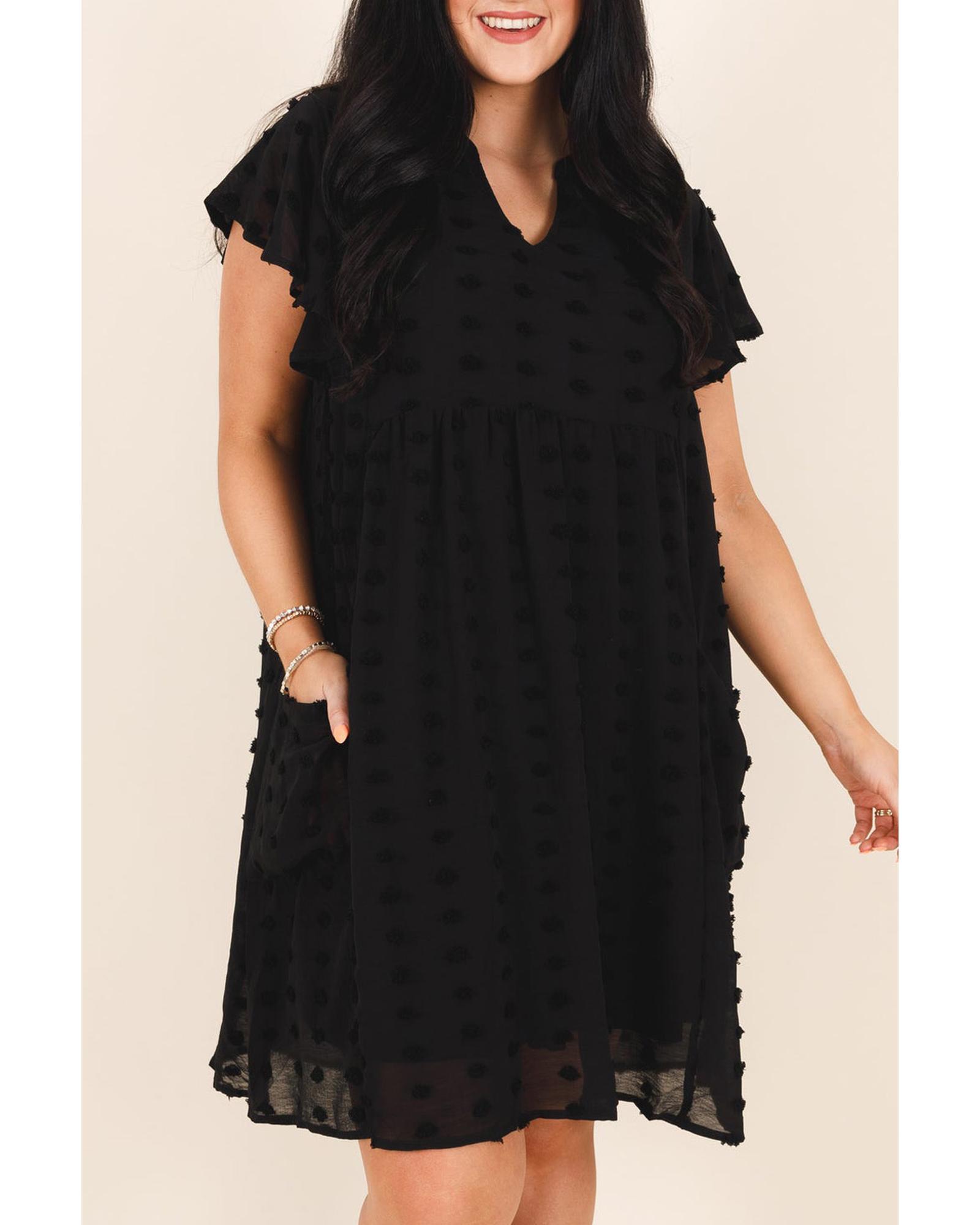 V539-AZEXPL611332-P2-1X-202506151730-00 Black Dotty Textured Notched Neck Plus Ruffled Dress - 1X - Image 1