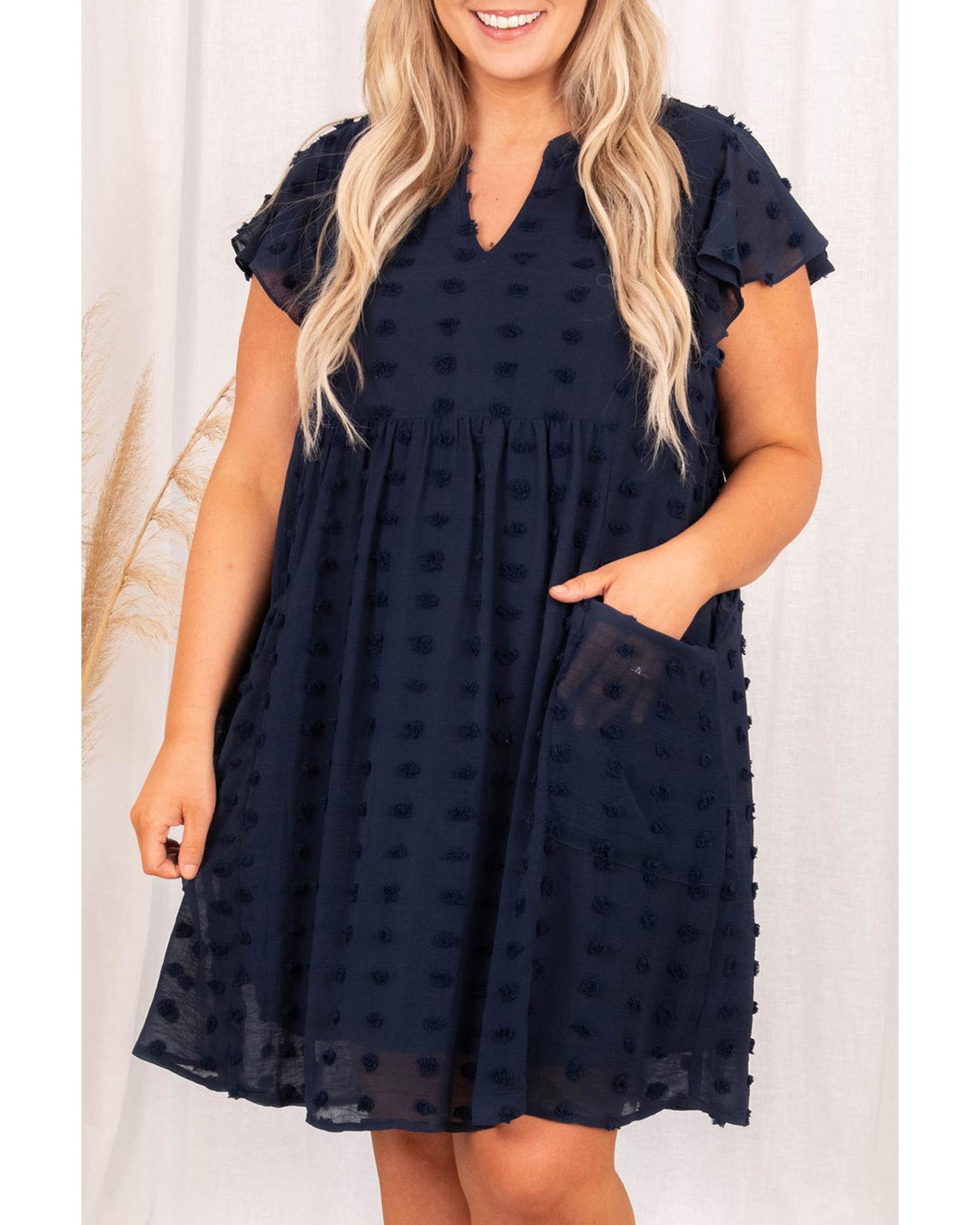 V539-AZEXPL611332-P605-2X-202508302245-00 Navy Blue Dotty Textured Notched Neck Plus Ruffled Dress - 2X - Image 1