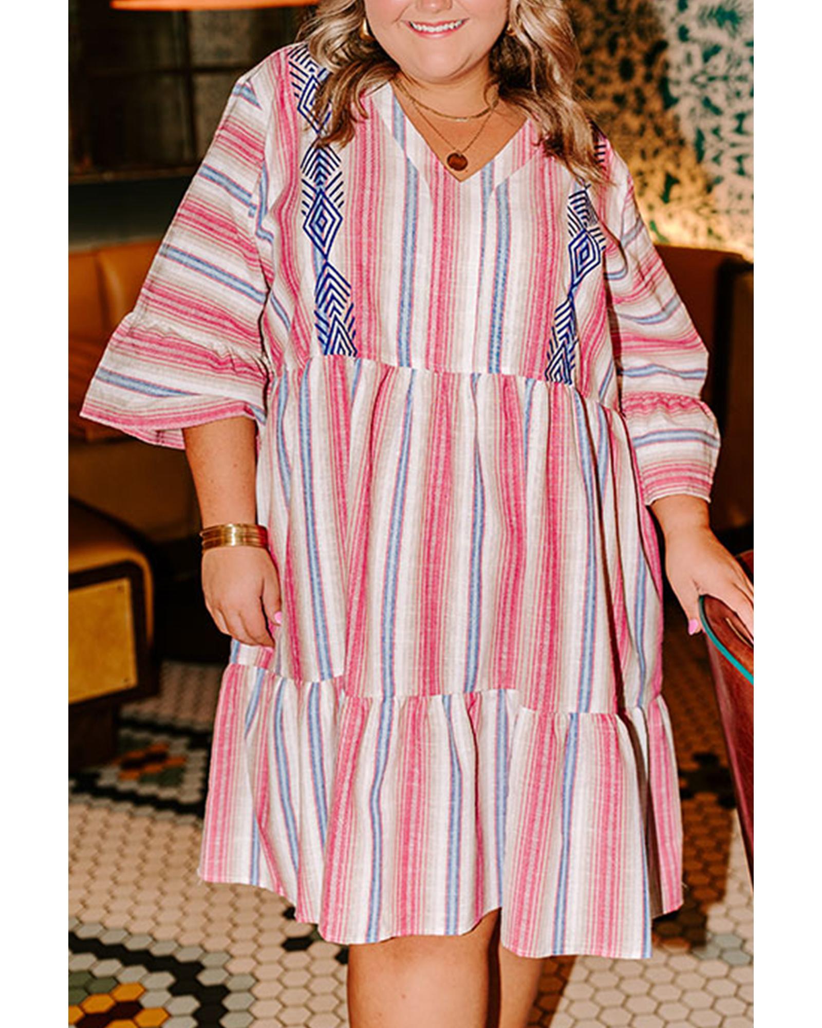 V539-AZEXPL611815-P119-3X-202508301950-00 White Stripe Plus Size Embroidered Detail Flared 3/4 Sleeve V Neck Dress - 3X - Image 1