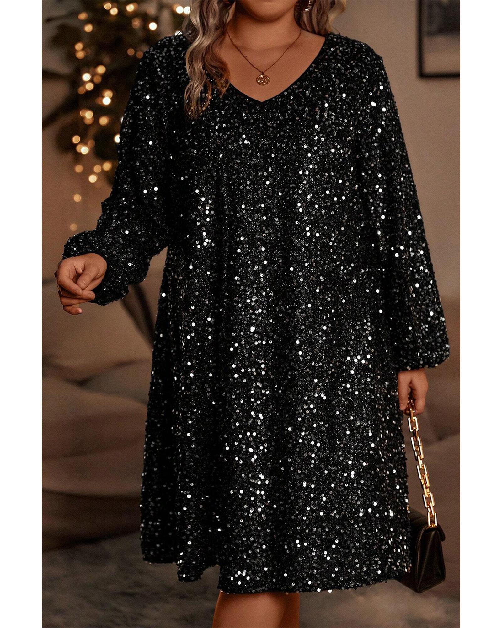 V539-AZEXPL611857-P202-1X-202506152141-00 Color black Plus Size Bubble Sleeve V Neck Sequin Dress - 1X - Image 1