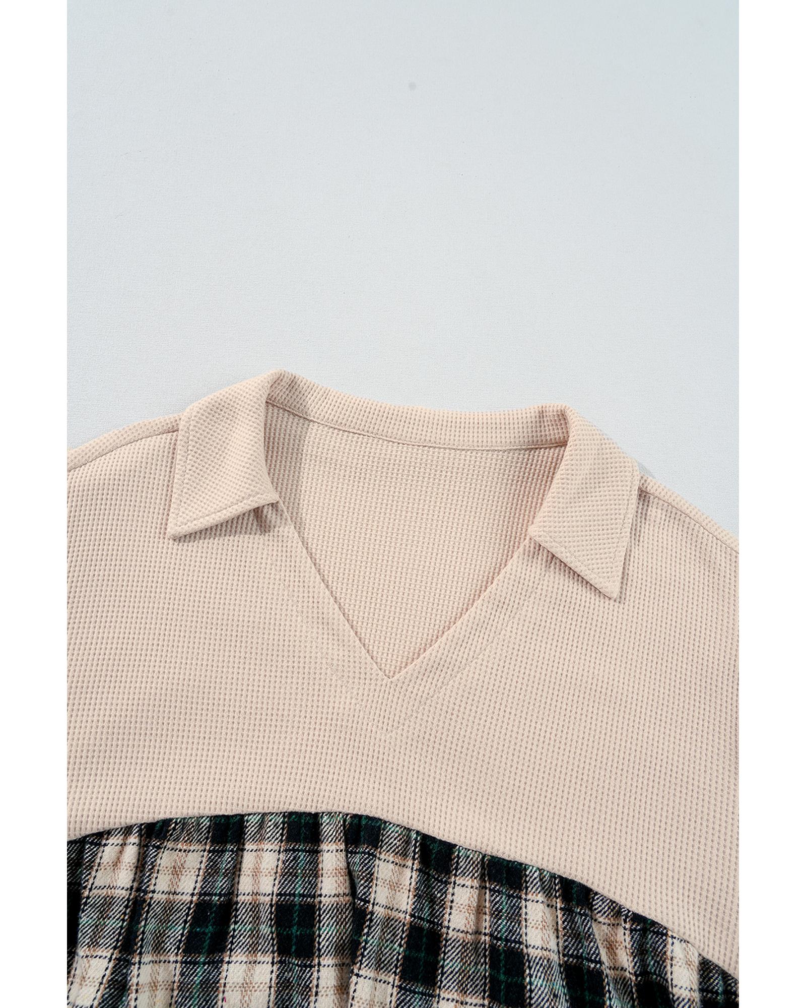 V539-AZEXPL611872-P222-2X-202508300935-00 Black Plaid Waffle Knit Patchwork Collared V Neck Plus Size Mini Dress - 2X - Image 1