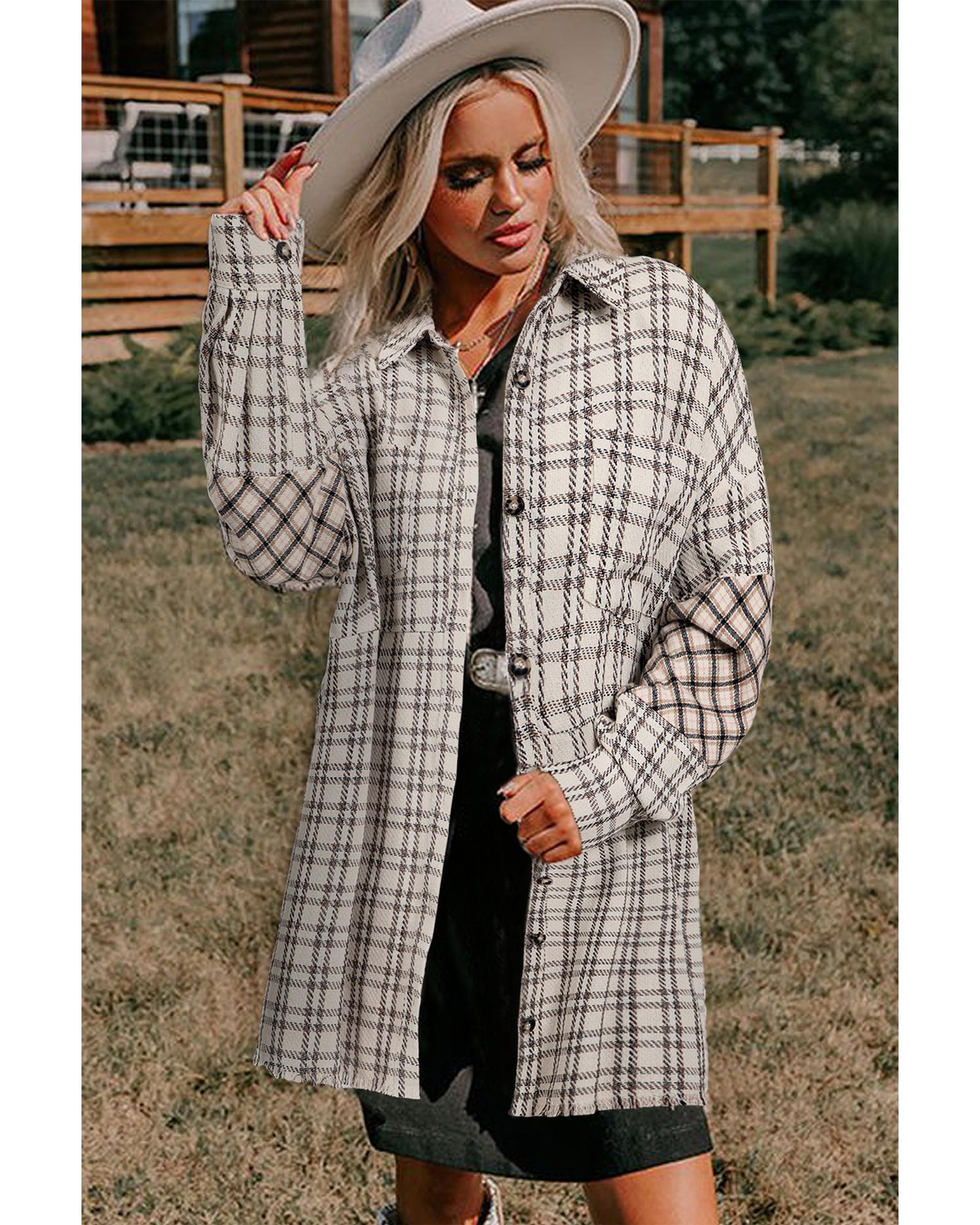 V539-AZEXPL611882-P119-4X-202508301350-00 White Stripe Plus Size Plaid Buttoned Raw Hem Tunic Shirt Dress - 4X - Image 1