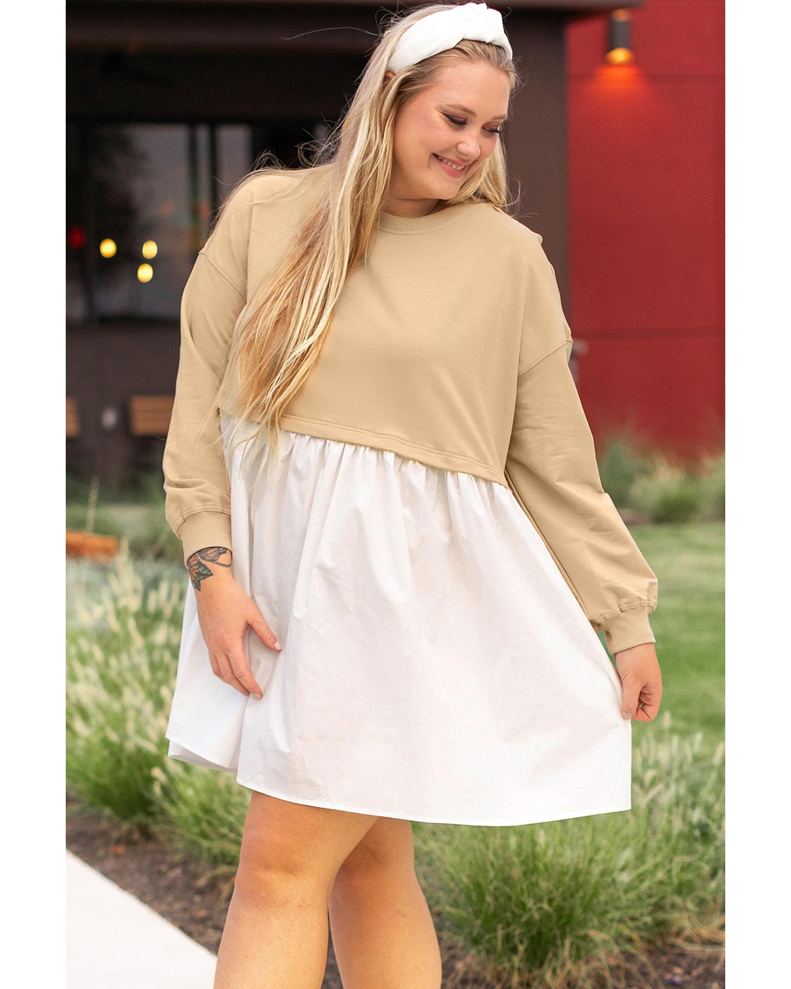 V539-AZEXPL6118832-P18-3X-202508301530-00 Apricot Color Block Patchwork Ruffled Plus Size Mini Dress - 3X - Image 1