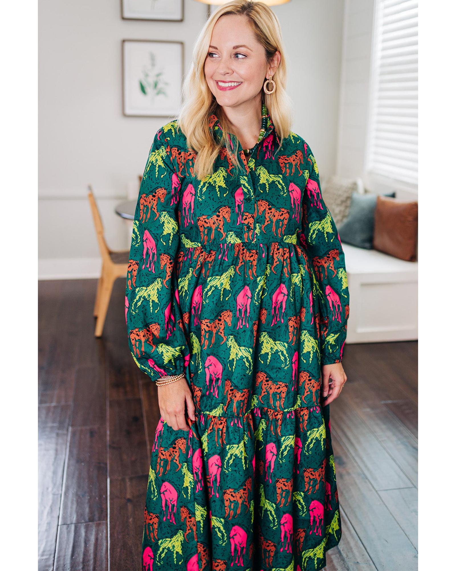 V539-AZEXPL611909-P920-2X-202508300755-00 Green Horse Printed Long Sleeve Collared Buttoned Plus Size Midi Dress - 2X - Image 1