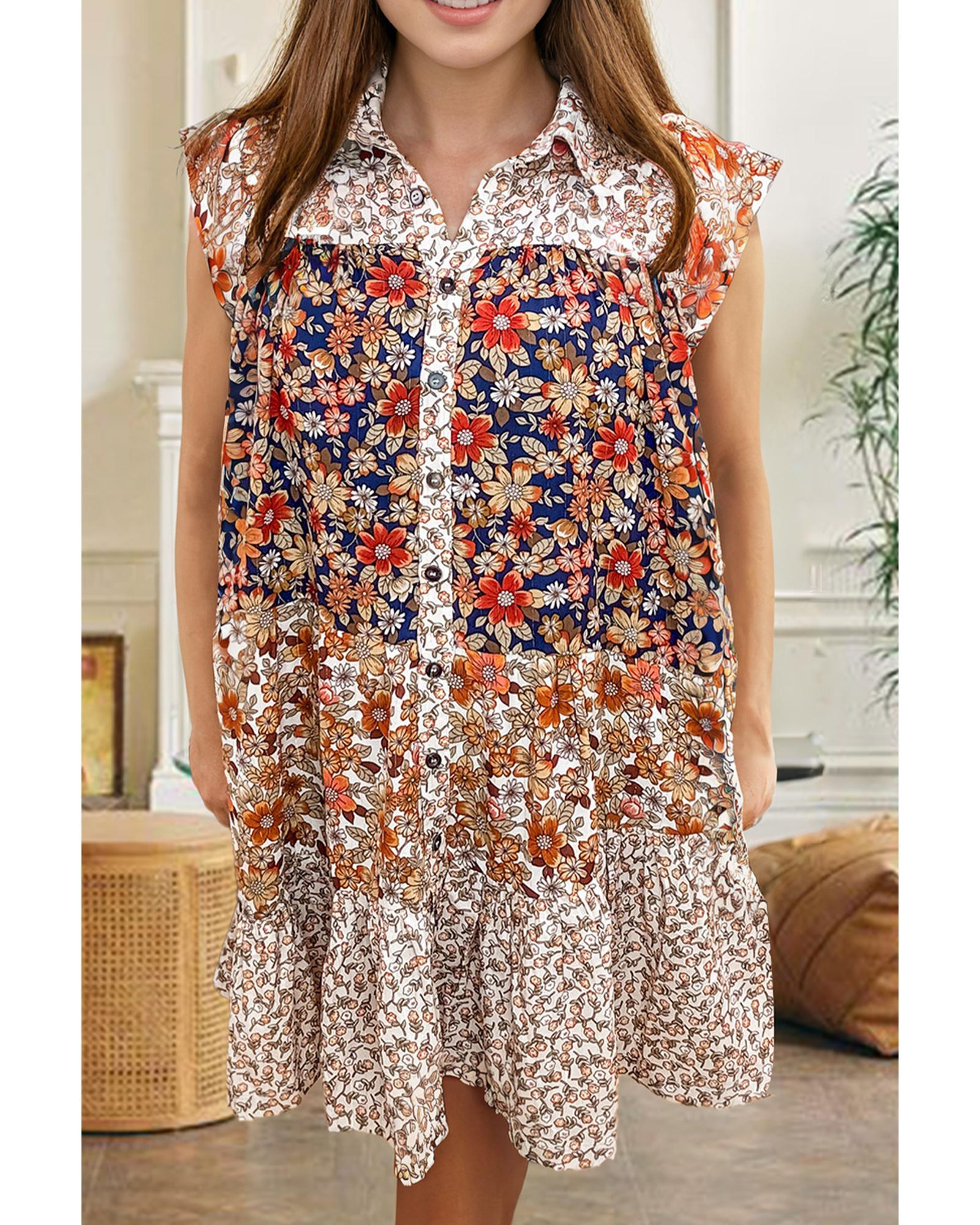 V539-AZEXPL611944-P1520-2X-202508301635-00 Beige Plus Size Floral Patchwork Button Front Collared Mini Dress - 2X - Image 1