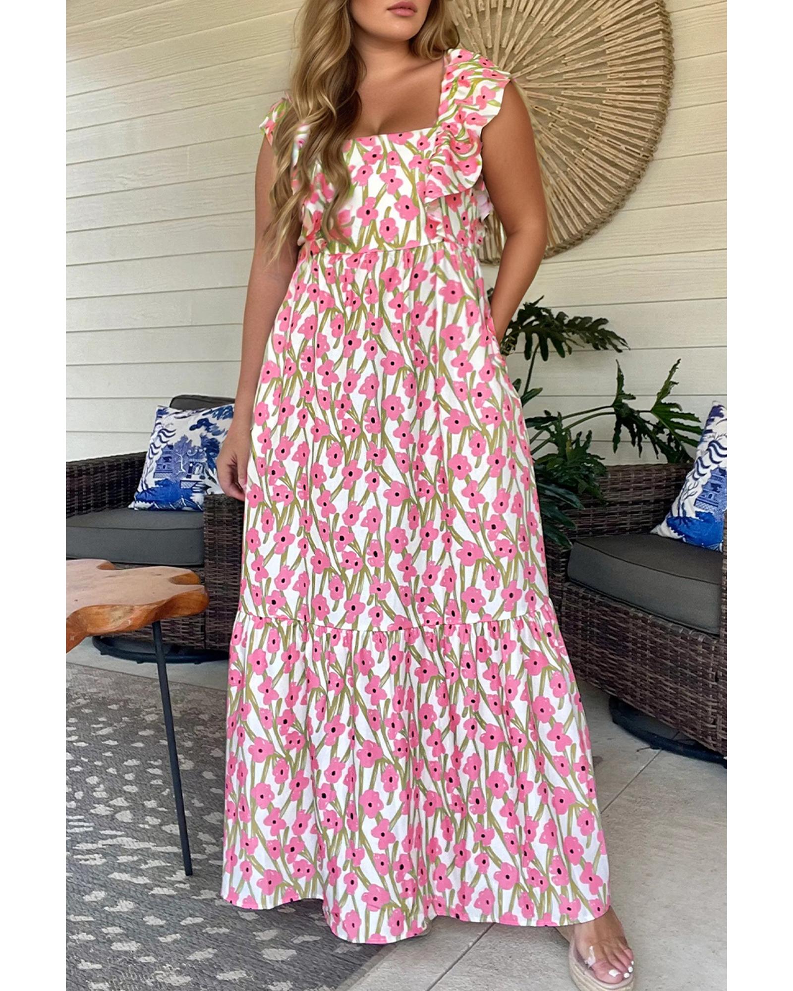 V539-AZEXPL6119896-P1020-2X-202508310110-00 Pink Plus Size Ruffle Trim Square Neck High Waist Floral Maxi Dress - 2X - Image 1