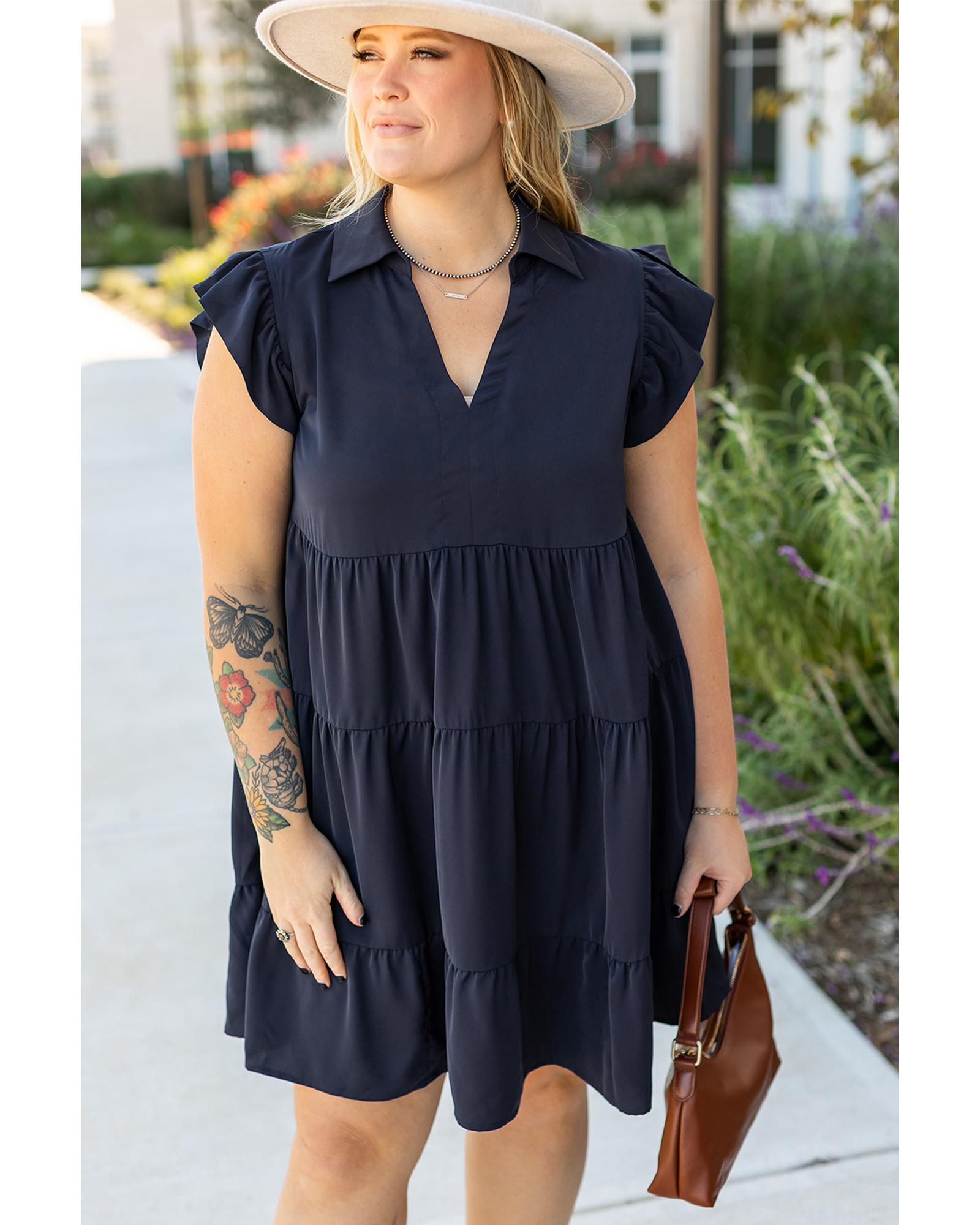 V539-AZEXPL612110-P605-4X-202508301340-00 Navy Blue Collared V Neck Flutter Sleeve Tiered Plus Size Dress - 4X - Image 1