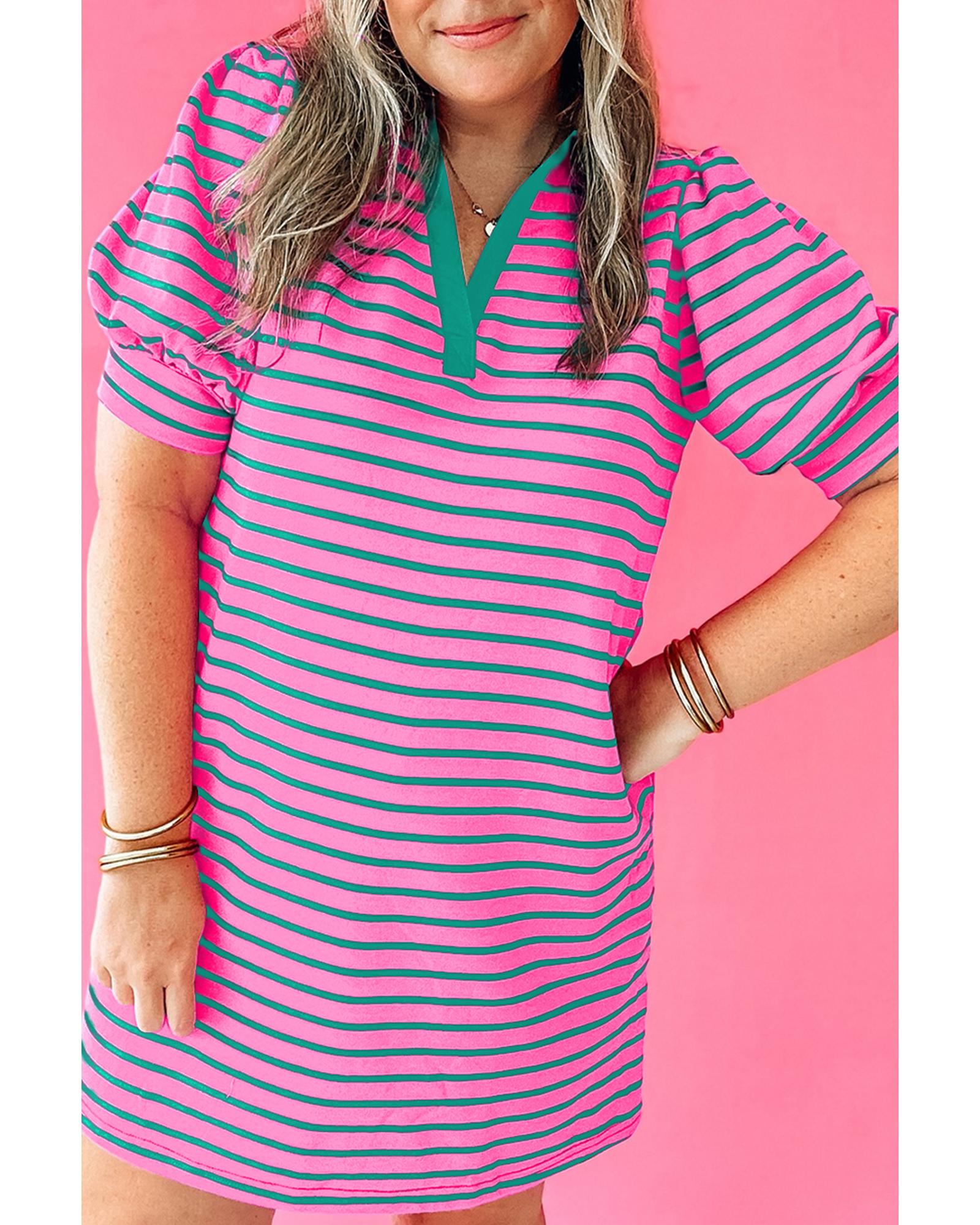 V539-AZEXPL612145-P619-2X-202508310040-00 Rose Stripe Collared V Neck Puff Sleeve Shift T Shirt Dress with Pockets - 2X - Image 1