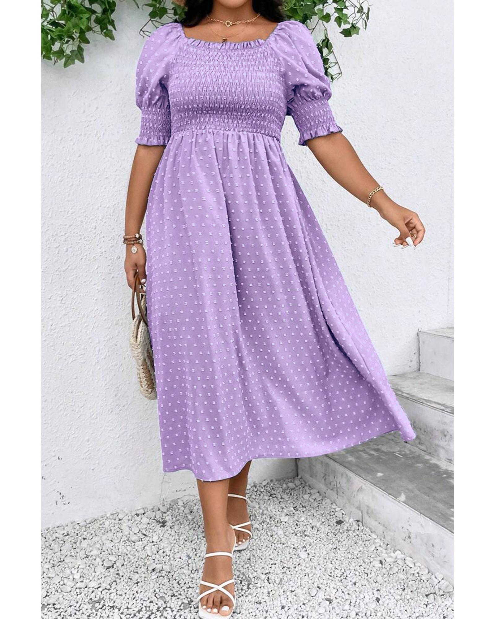 V539-AZEXPL612311-P208-3X-202508301250-00 Wisteria Swiss Dot Smocked Frilled Neckline Short Sleeve Plus Size Dress - 3X - Image 1