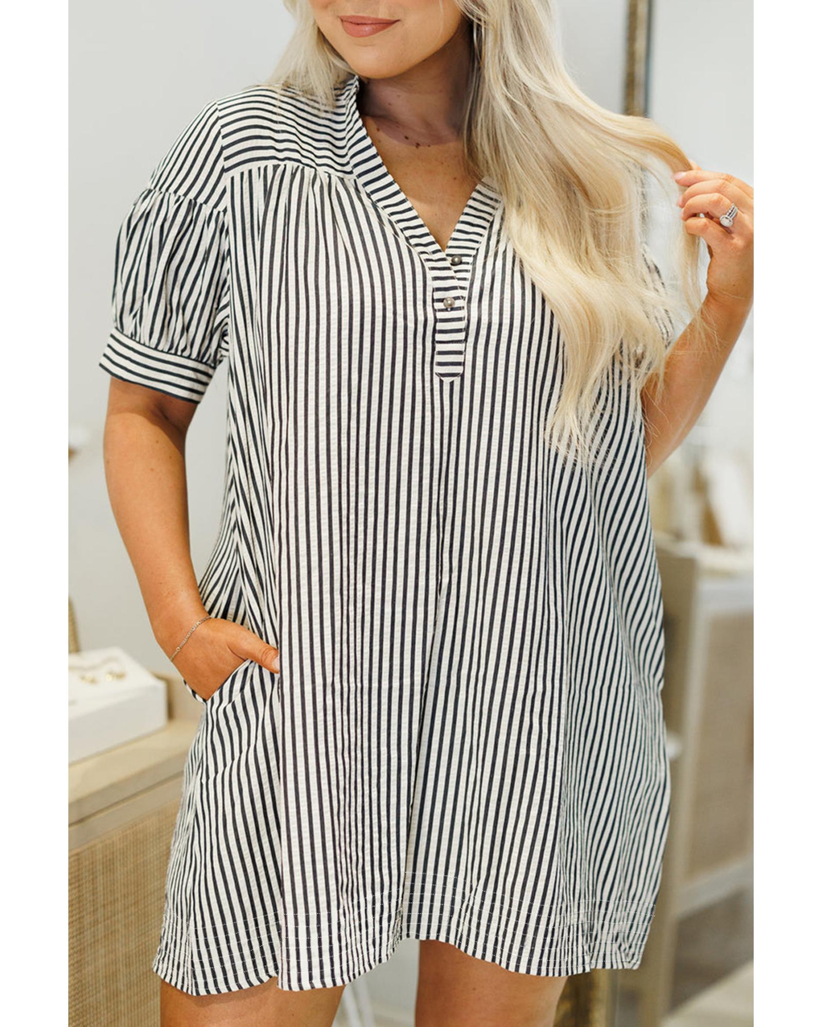 V539-AZEXPL612338-P219-3X-202508301535-00 Black Stripe Short Sleeve Buttoned V Neck Pocketed Plus Size Mini Dress - 3X - Image 1